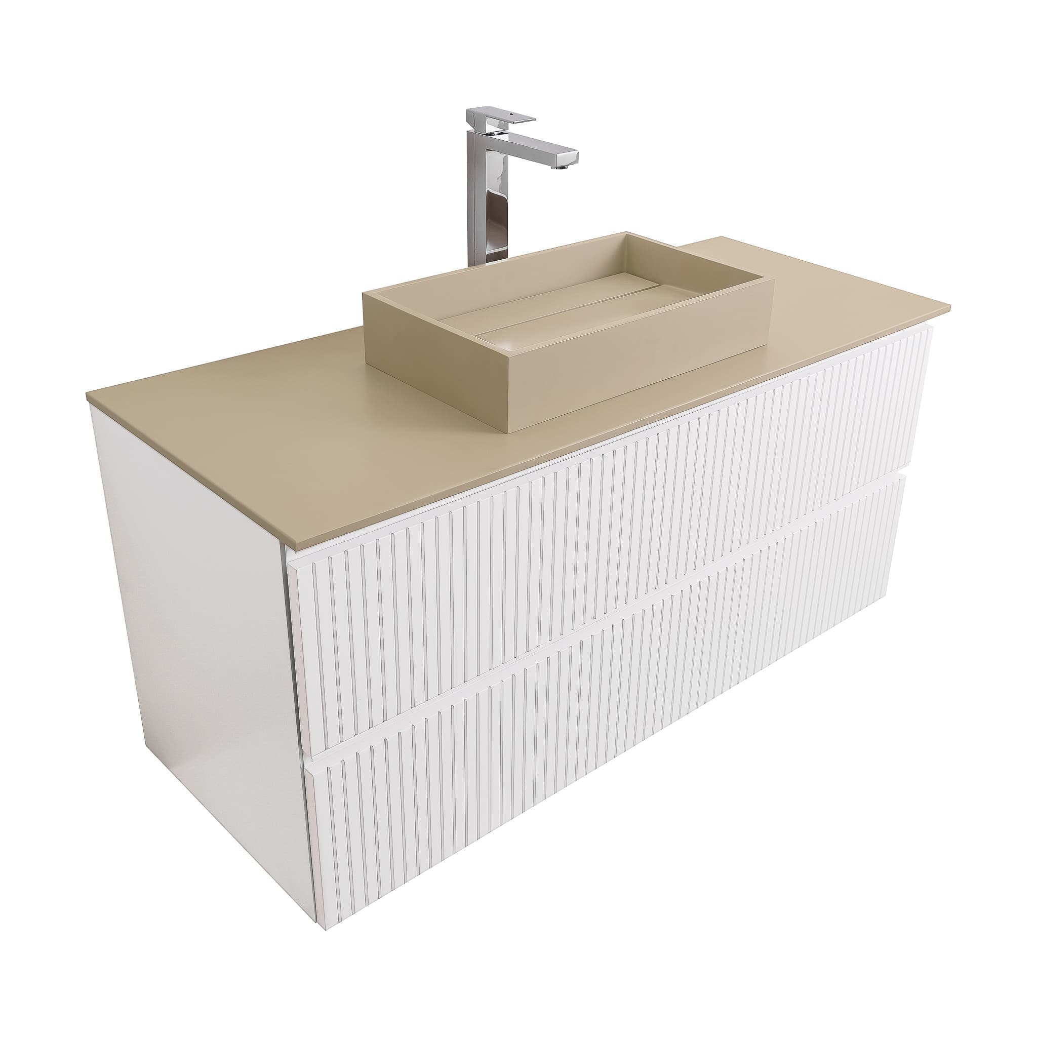 Ares 47.5 Matte White Cabinet, Solid Surface Flat Taupe Counter And Infinity Square Solid Surface Taupe Basin 1329, Wall Mounted Modern Vanity Set