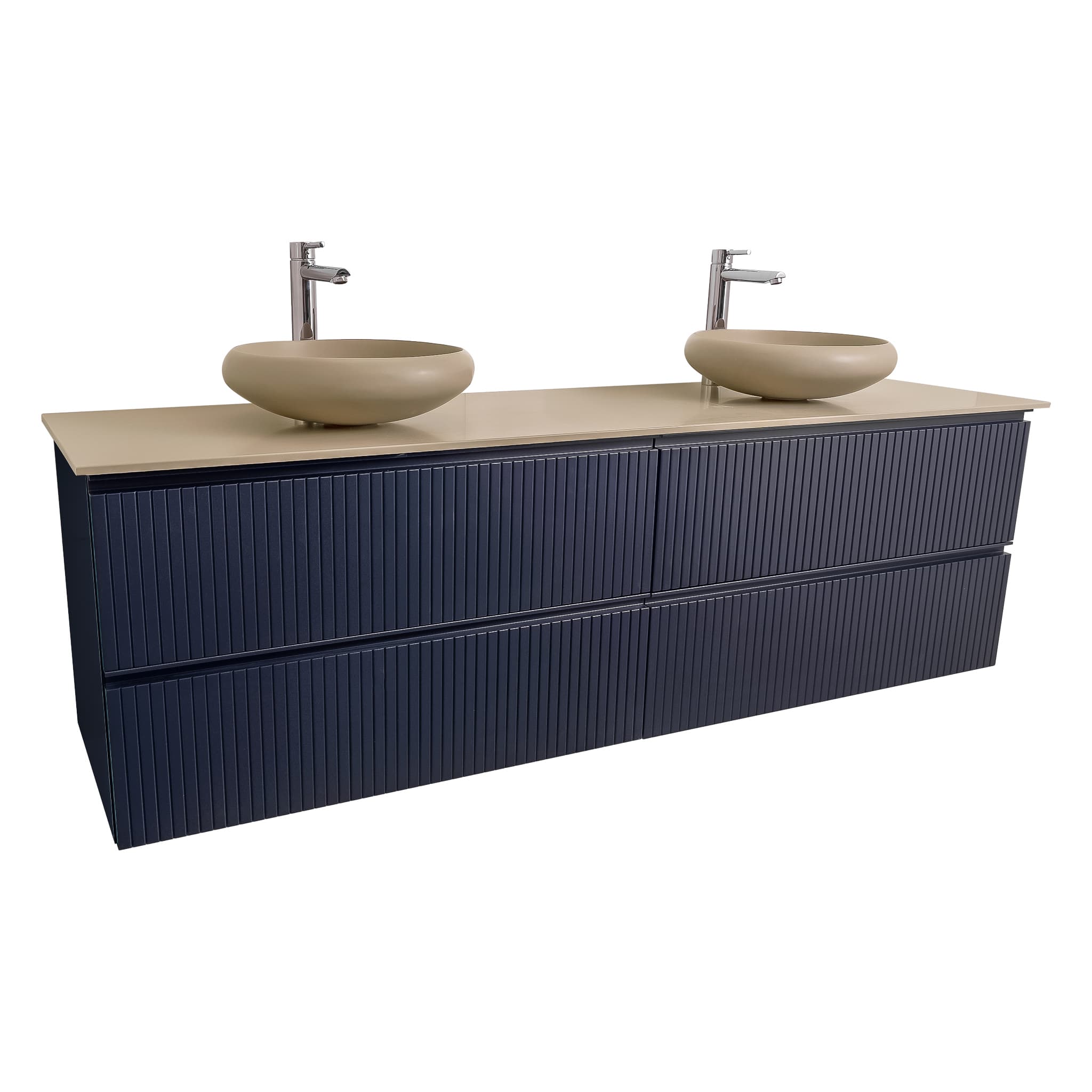 Ares 63 Matte Navy Blue Cabinet, Solid Surface Flat Taupe Counter And Two Round Solid Surface Taupe Basin 1153, Wall Mounted Modern Vanity Set