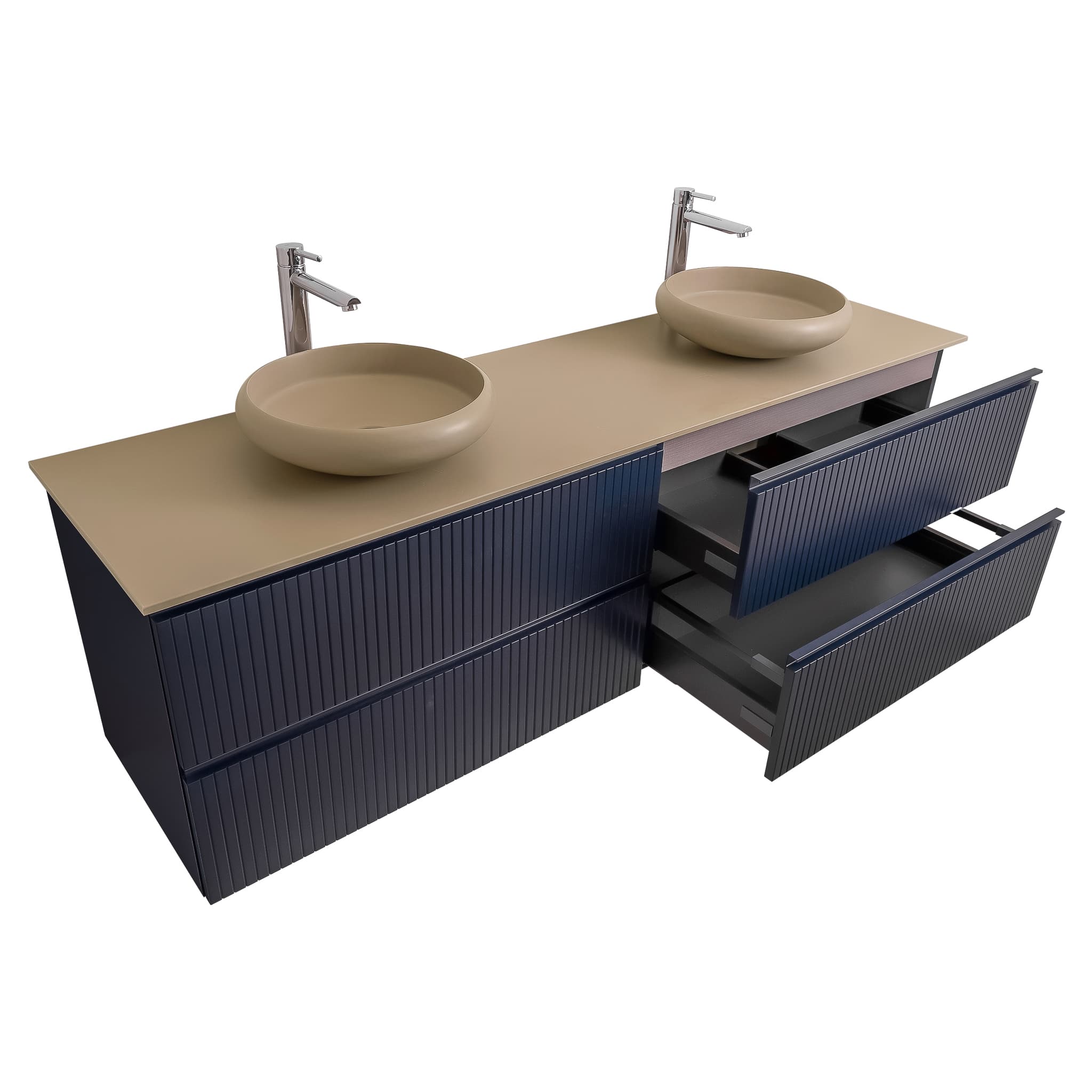 Ares 63 Matte Navy Blue Cabinet, Solid Surface Flat Taupe Counter And Two Round Solid Surface Taupe Basin 1153, Wall Mounted Modern Vanity Set