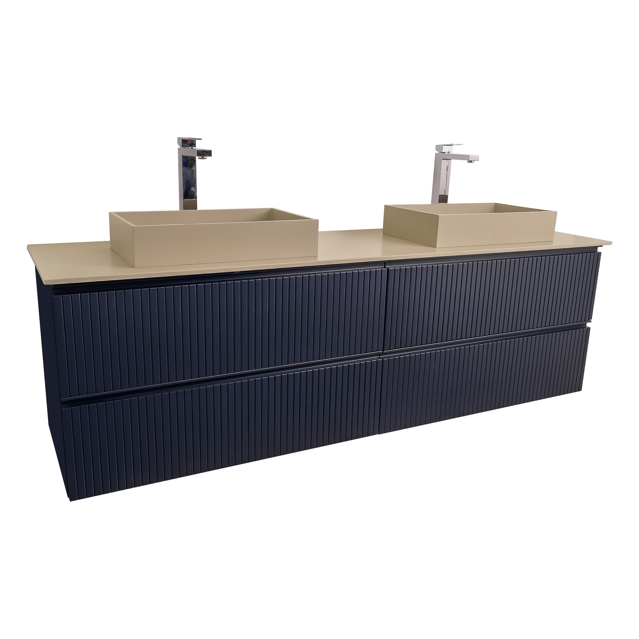 Ares 63 Matte Navy Blue, Solid Surface Flat Taupe Counter And Two Infinity Square Solid Surface Taupe Basin 1329, Wall Mounted Modern Vanity Set