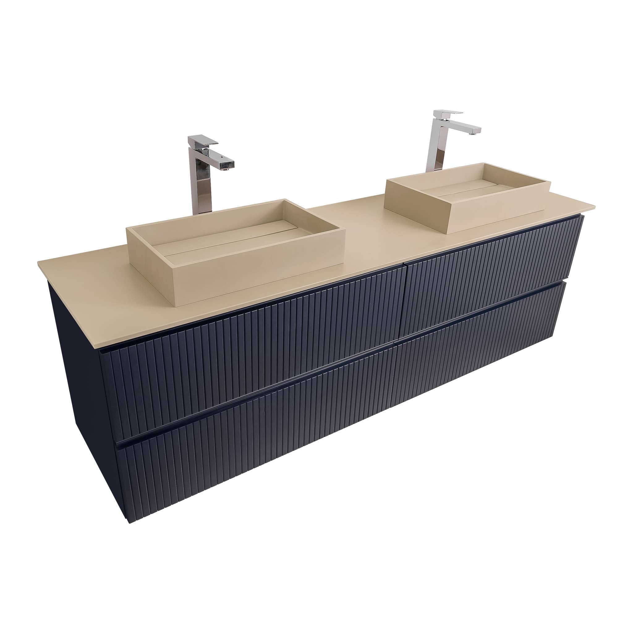 Ares 63 Matte Navy Blue, Solid Surface Flat Taupe Counter And Two Infinity Square Solid Surface Taupe Basin 1329, Wall Mounted Modern Vanity Set