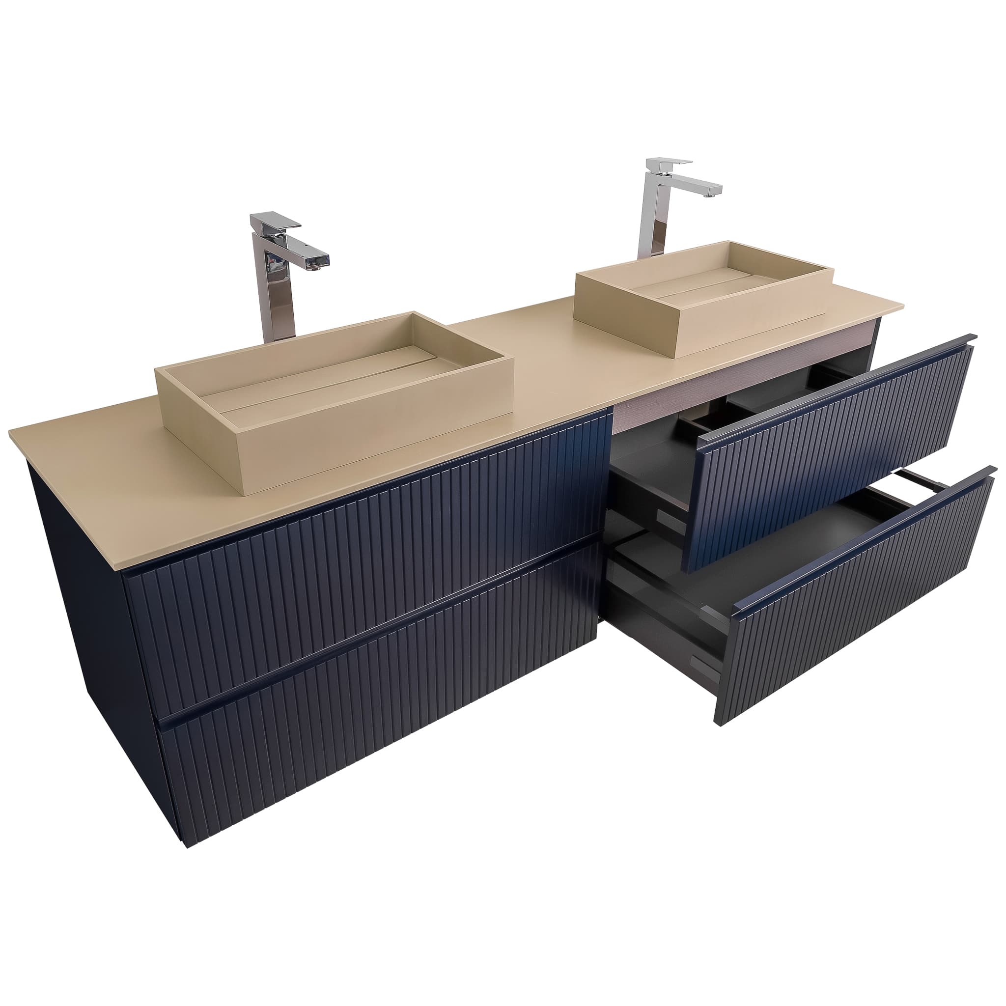 Ares 63 Matte Navy Blue, Solid Surface Flat Taupe Counter And Two Infinity Square Solid Surface Taupe Basin 1329, Wall Mounted Modern Vanity Set