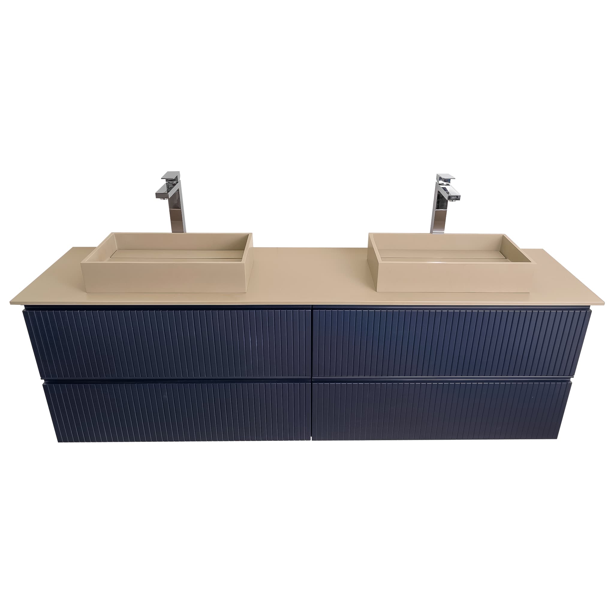 Ares 63 Matte Navy Blue, Solid Surface Flat Taupe Counter And Two Infinity Square Solid Surface Taupe Basin 1329, Wall Mounted Modern Vanity Set