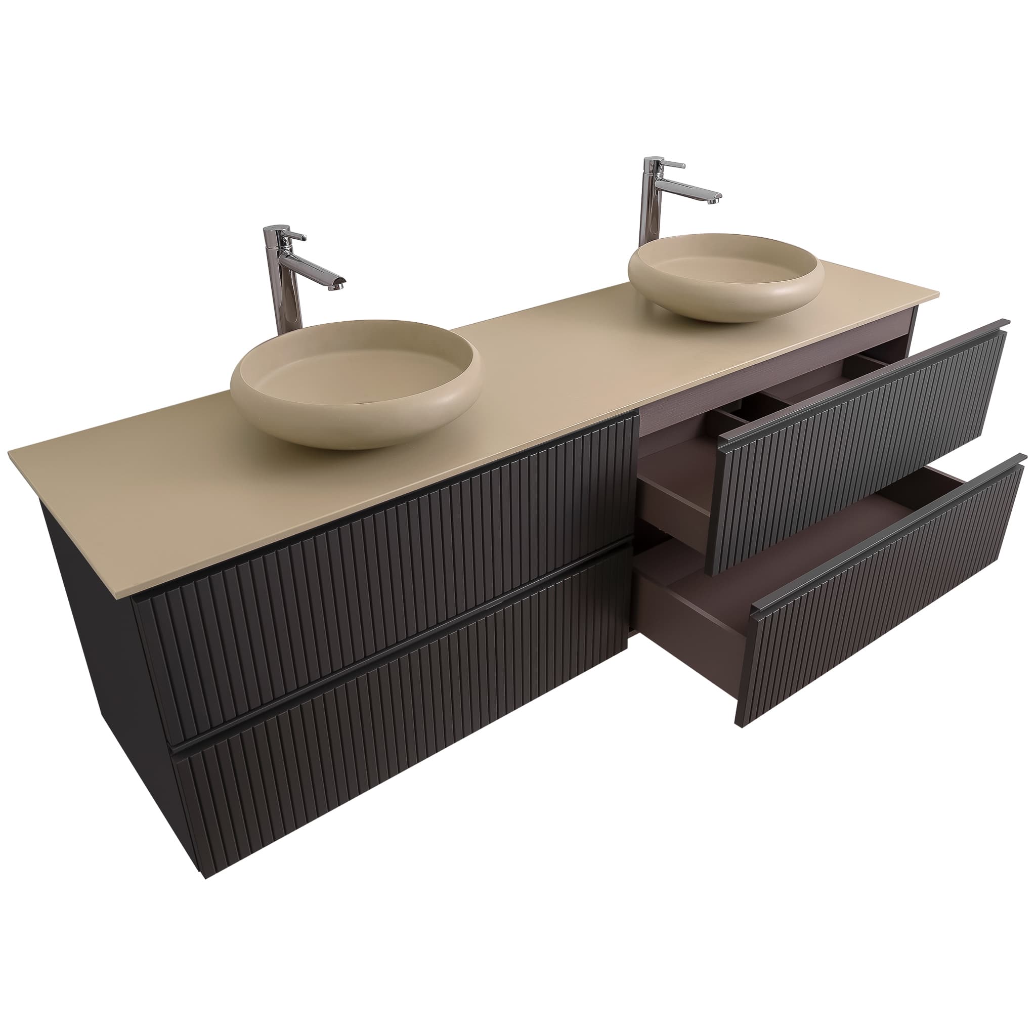 Ares 63 Matte Grey Cabinet, Solid Surface Flat Taupe Counter And Two Round Solid Surface Taupe Basin 1153, Wall Mounted Modern Vanity Set
