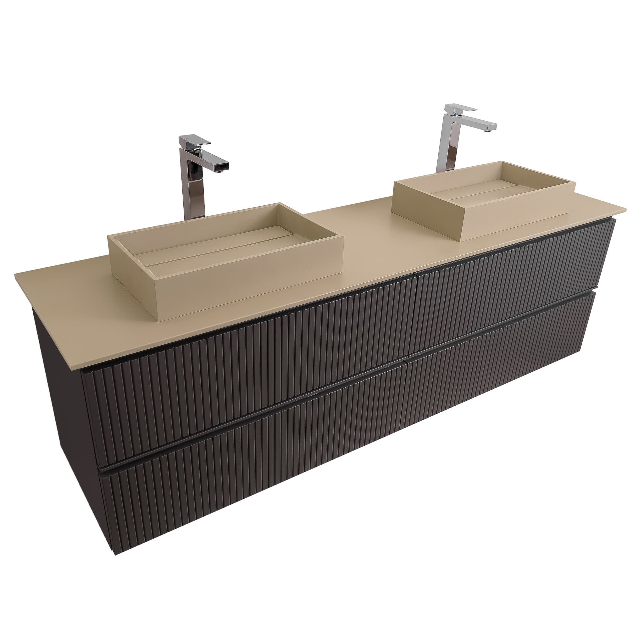 Ares 63 Matte Grey Cabinet, Solid Surface Flat Taupe Counter And Two Infinity Square Solid Surface Taupe Basin 1329, Wall Mounted Modern Vanity Set