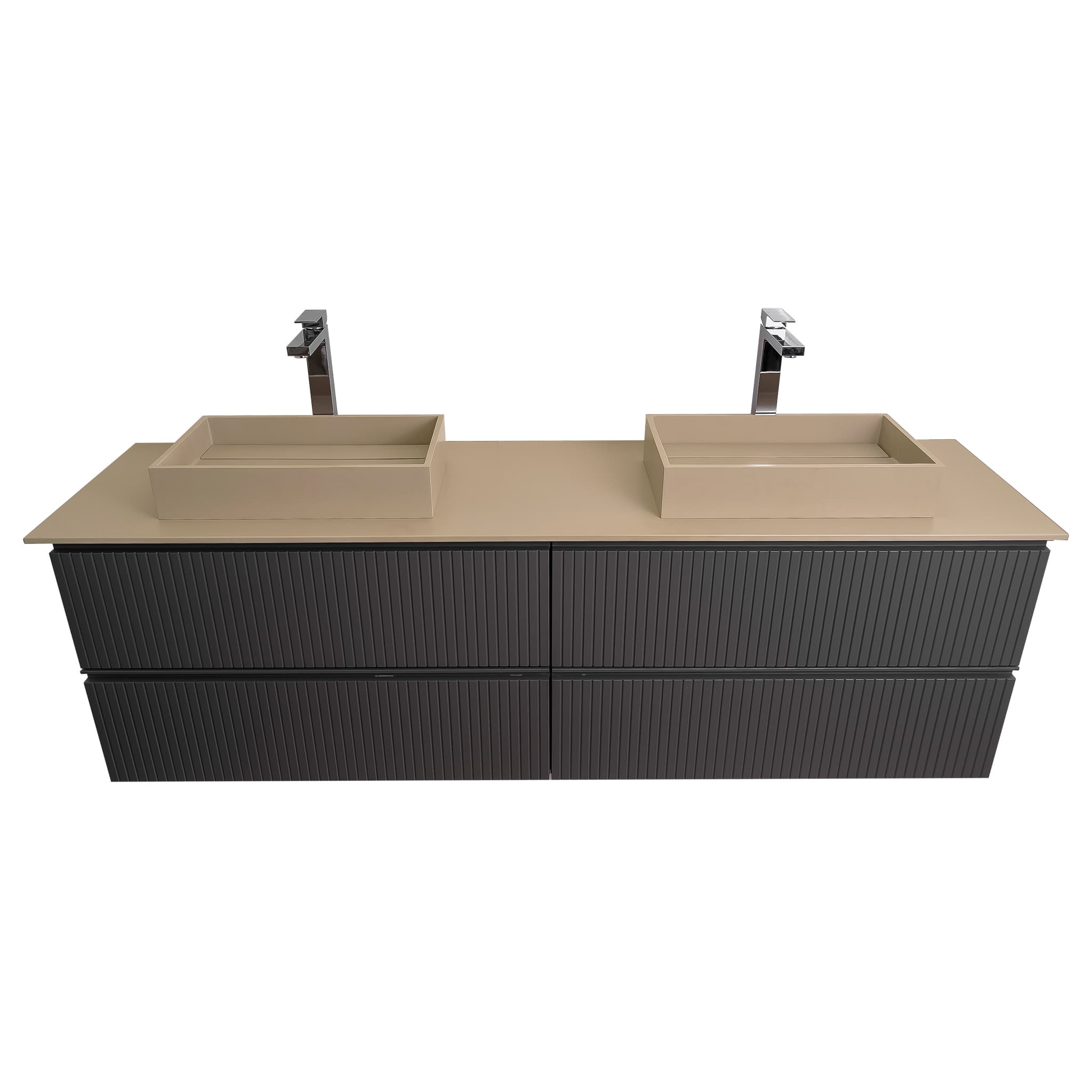 Ares 63 Matte Grey Cabinet, Solid Surface Flat Taupe Counter And Two Infinity Square Solid Surface Taupe Basin 1329, Wall Mounted Modern Vanity Set