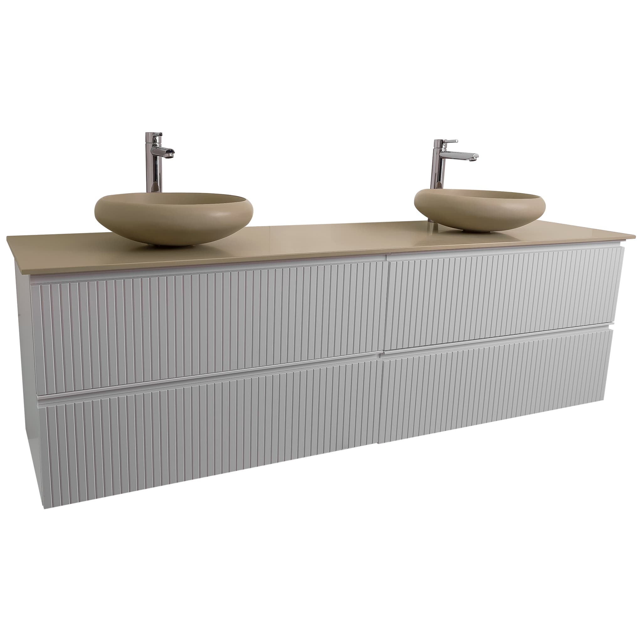 Ares 63 Matte White Cabinet, Solid Surface Flat Taupe Counter And Two Round Solid Surface Taupe Basin 1153, Wall Mounted Modern Vanity Set