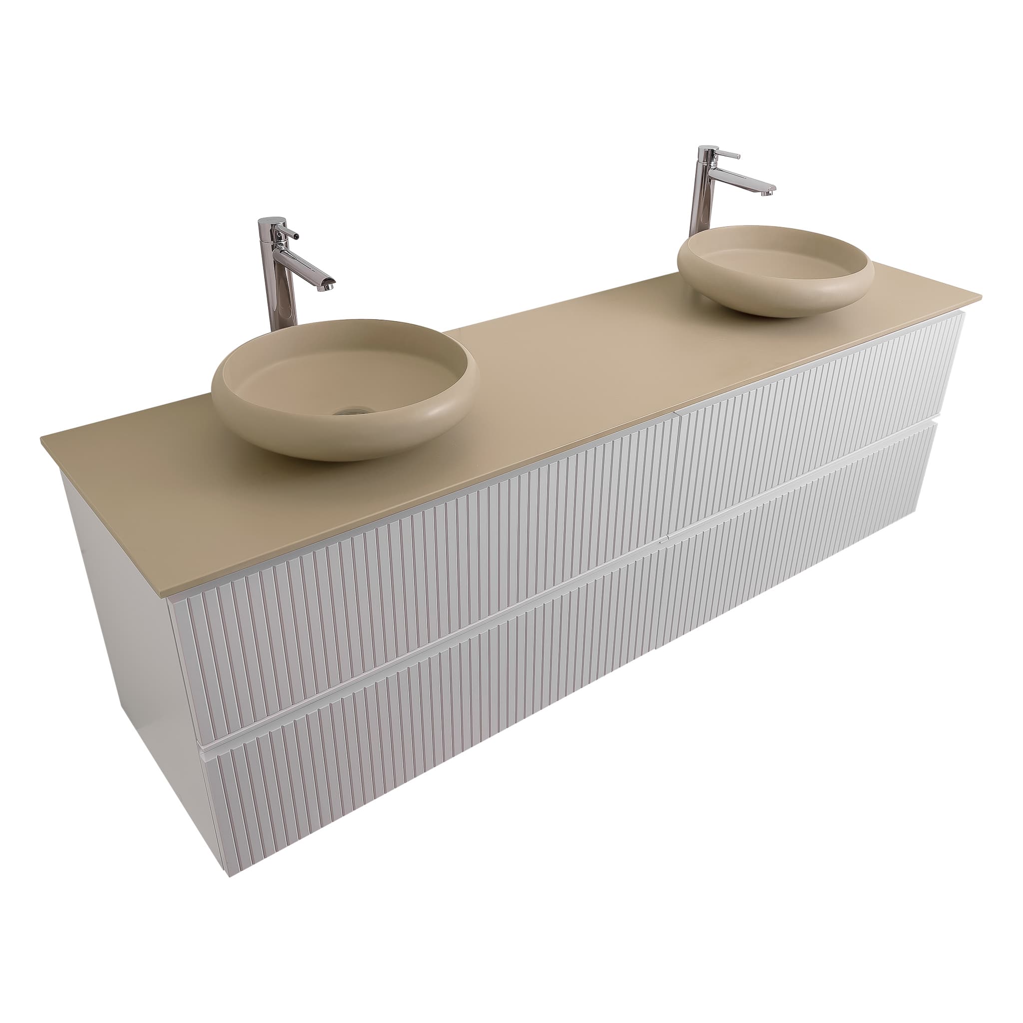 Ares 63 Matte White Cabinet, Solid Surface Flat Taupe Counter And Two Round Solid Surface Taupe Basin 1153, Wall Mounted Modern Vanity Set