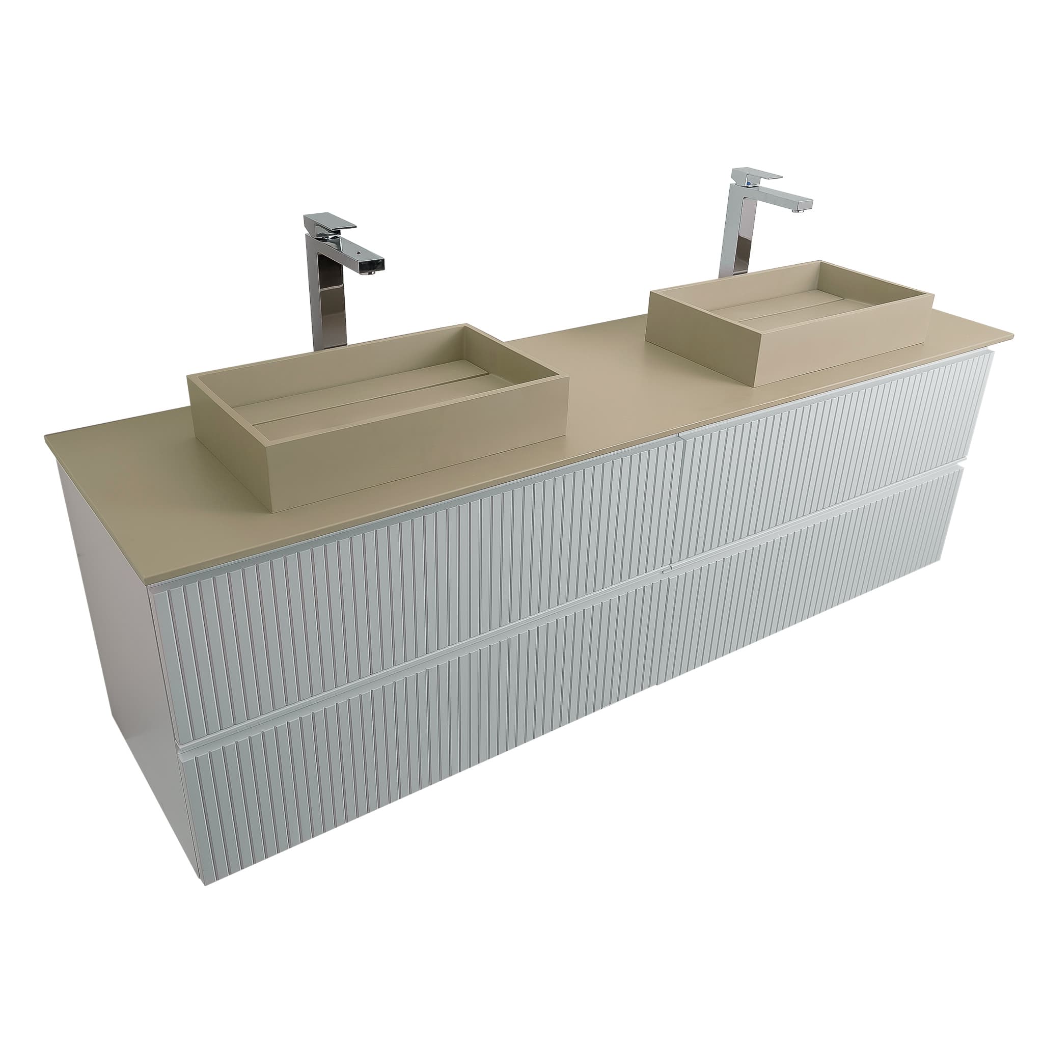 Ares 63 Matte White Cabinet, Solid Surface Flat Taupe Counter And Two Infinity Square Solid Surface Taupe Basin 1329, Wall Mounted Modern Vanity Set