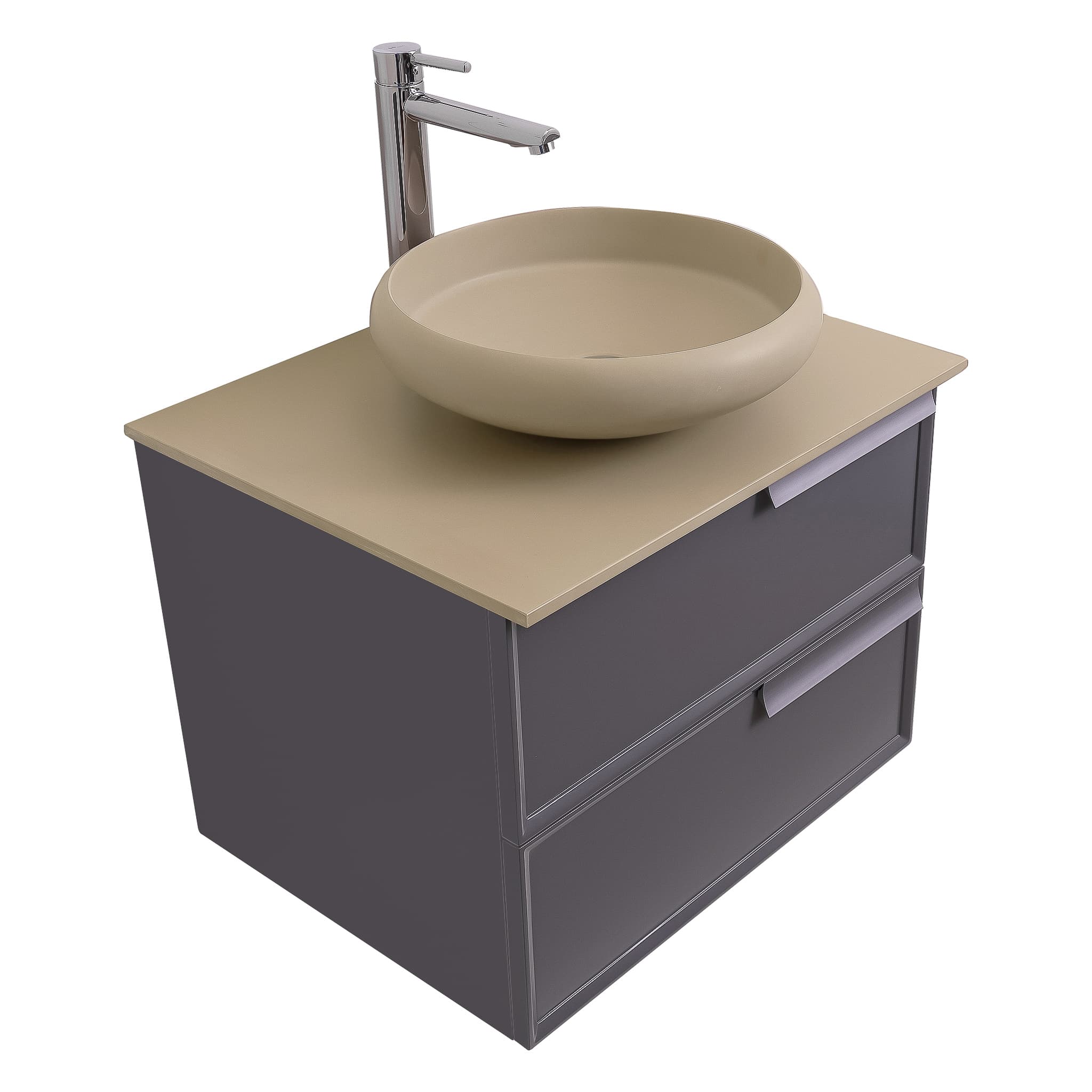 Garda 23.5 Matte Grey Cabinet, Solid Surface Flat Taupe Counter and Round Solid Surface Taupe Basin 1153, Wall Mounted Modern Vanity Set