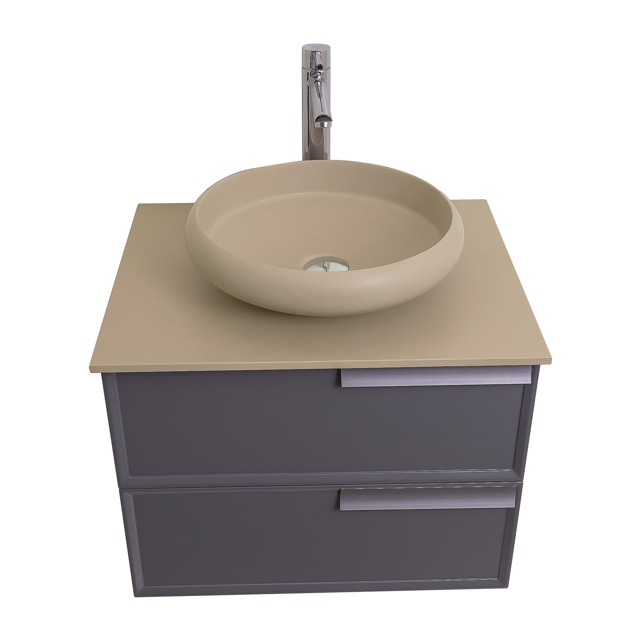 Garda 23.5 Matte Grey Cabinet, Solid Surface Flat Taupe Counter and Round Solid Surface Taupe Basin 1153, Wall Mounted Modern Vanity Set