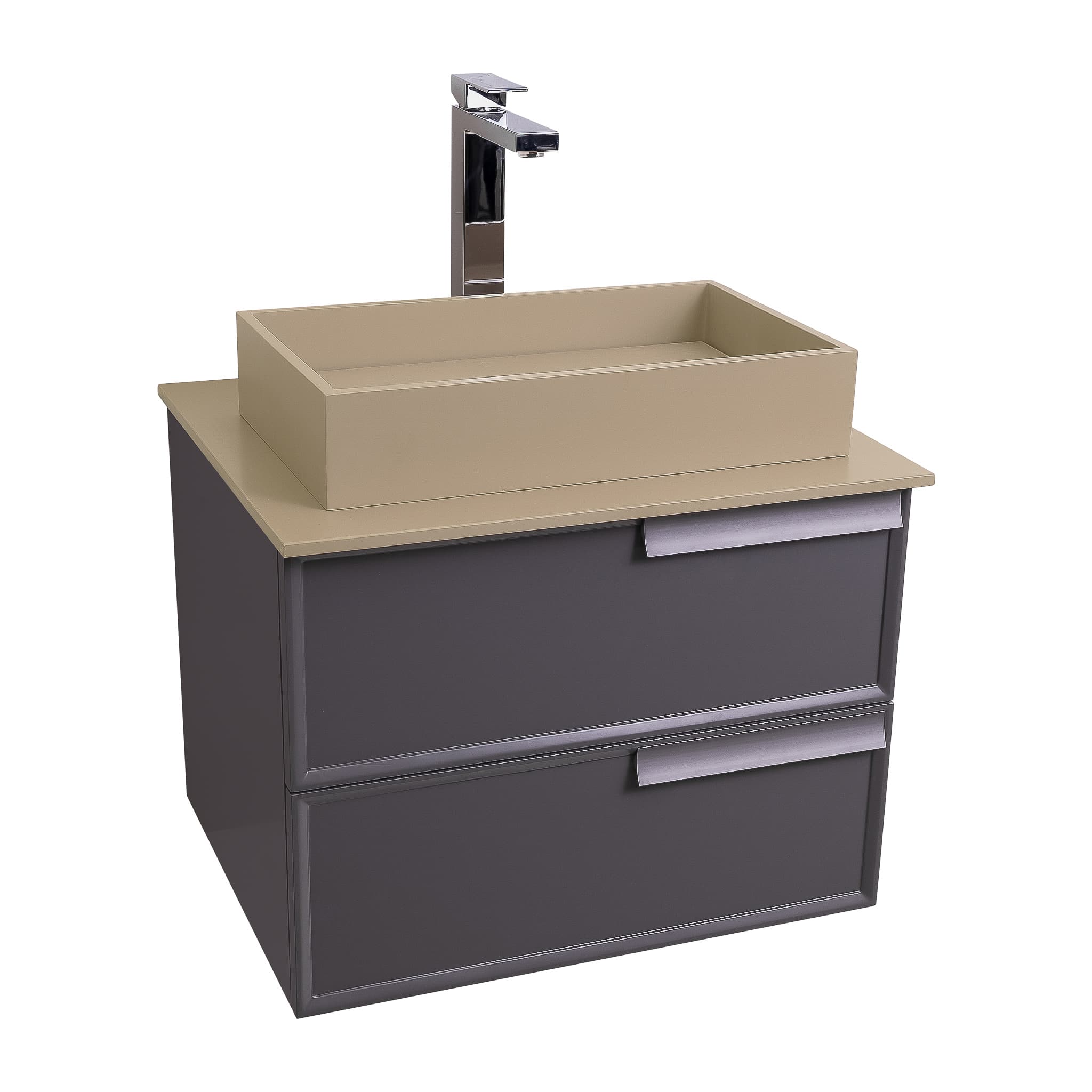 Garda 23.5 Matte Grey Cabinet, Solid Surface Flat Taupe Counter and Infinity Square Solid Surface Taupe Basin 1329, Wall Mounted Modern Vanity Set