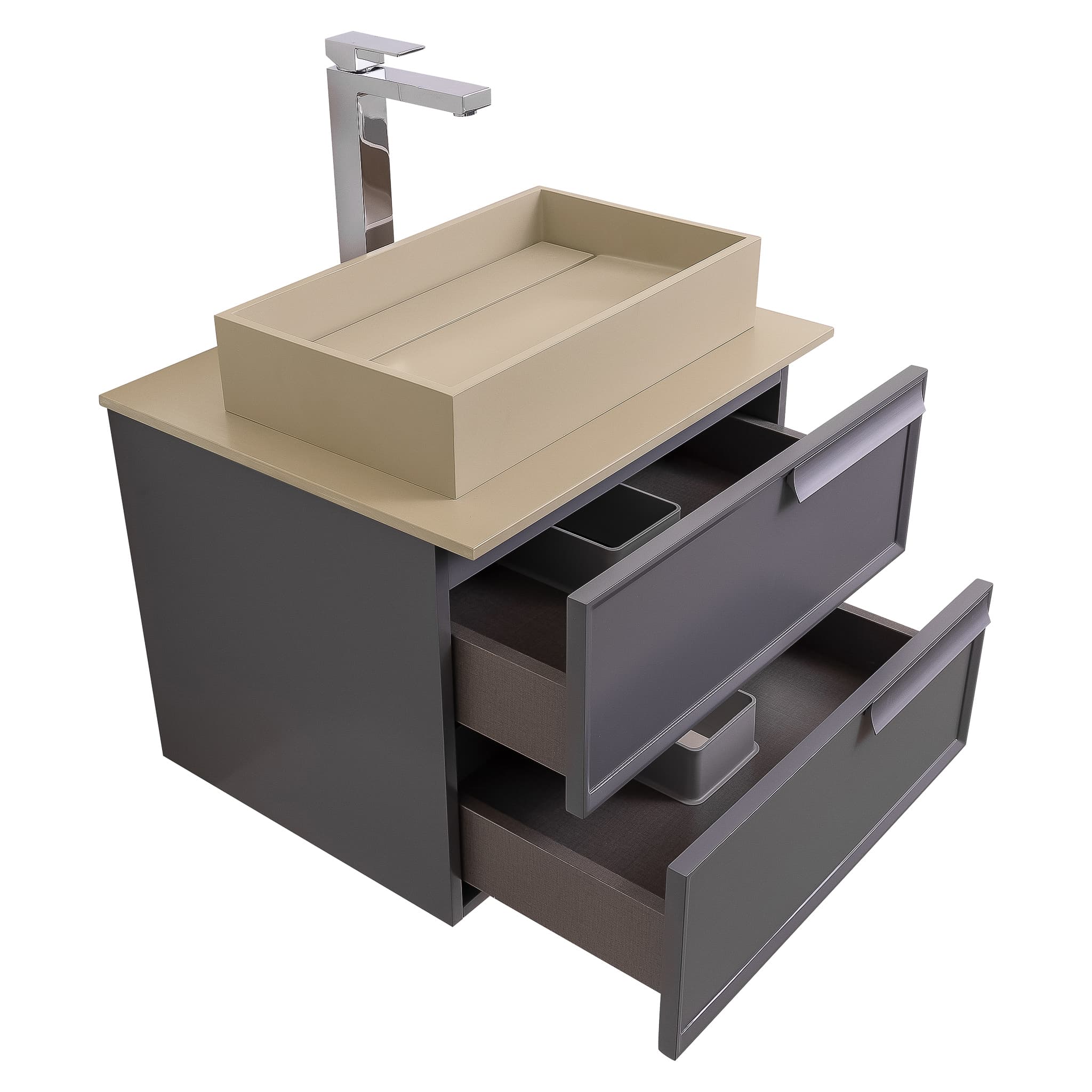 Garda 23.5 Matte Grey Cabinet, Solid Surface Flat Taupe Counter and Infinity Square Solid Surface Taupe Basin 1329, Wall Mounted Modern Vanity Set