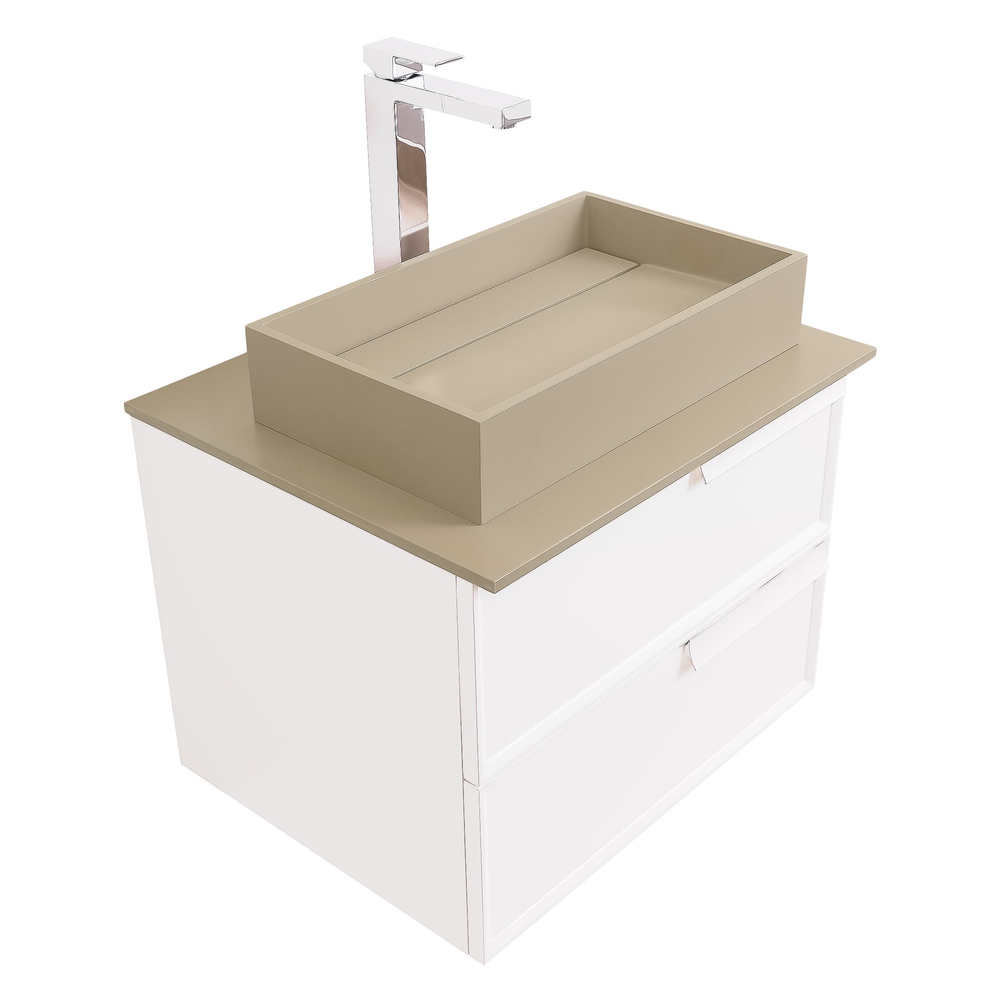 Garda 23.5 Matte White Cabinet, Solid Surface Flat Taupe Counter and Infinity Square Solid Surface Taupe Basin 1329, Wall Mounted Modern Vanity Set