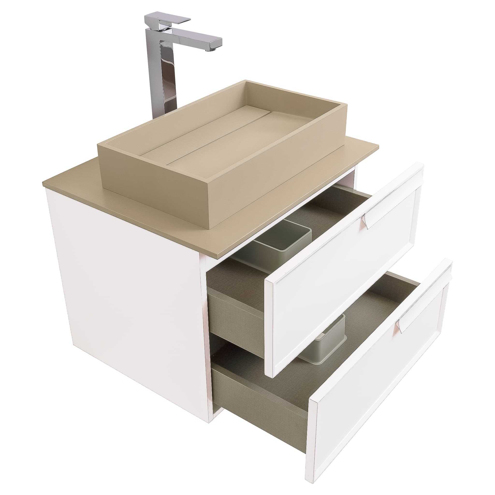 Garda 23.5 Matte White Cabinet, Solid Surface Flat Taupe Counter and Infinity Square Solid Surface Taupe Basin 1329, Wall Mounted Modern Vanity Set