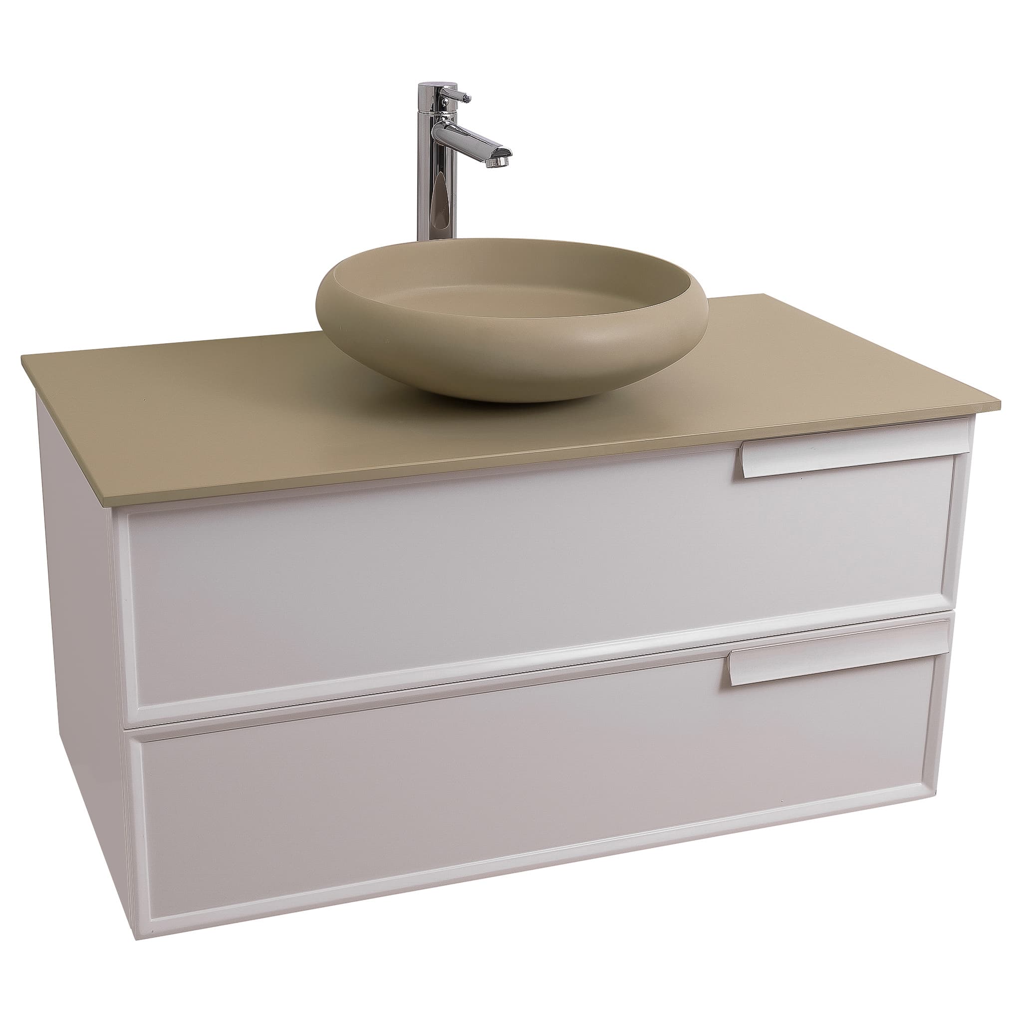 Garda 31.5 Matte White Cabinet, Solid Surface Flat Taupe Counter and Round Solid Surface Taupe Basin 1153, Wall Mounted Modern Vanity Set
