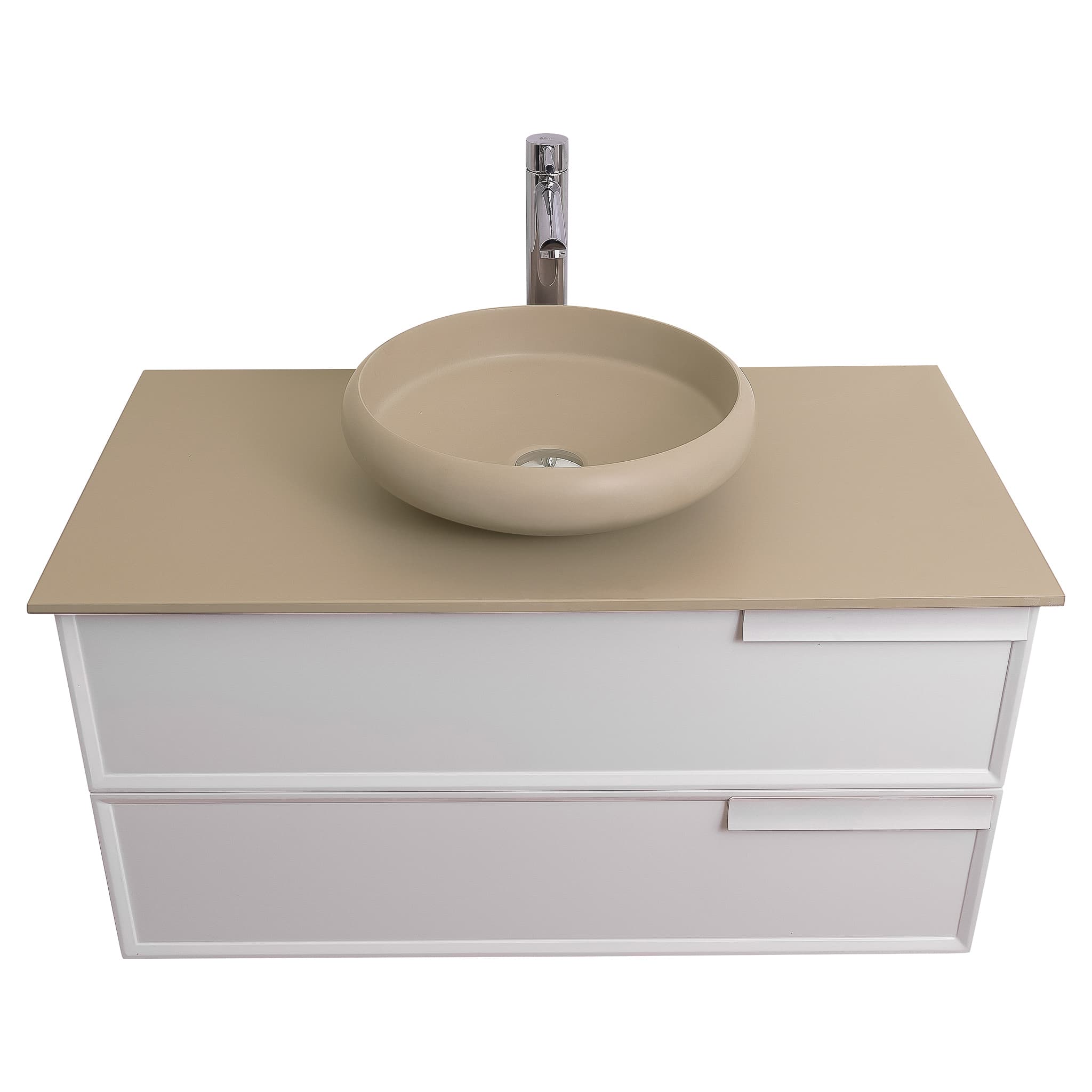 Garda 31.5 Matte White Cabinet, Solid Surface Flat Taupe Counter and Round Solid Surface Taupe Basin 1153, Wall Mounted Modern Vanity Set
