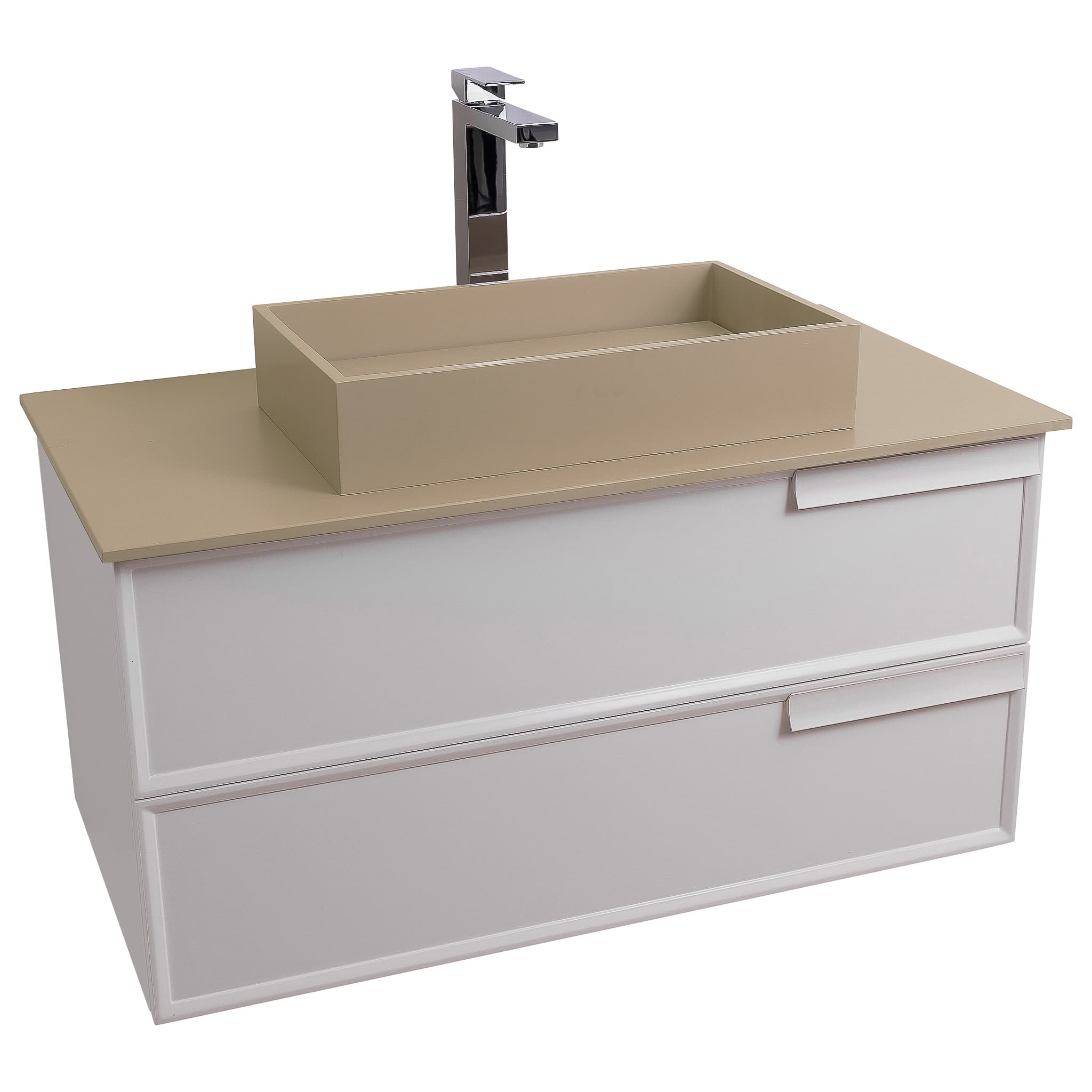Garda 31.5 Matte White Cabinet, Solid Surface Flat Taupe Counter and Infinity Square Solid Surface Taupe Basin 1329, Wall Mounted Modern Vanity Set