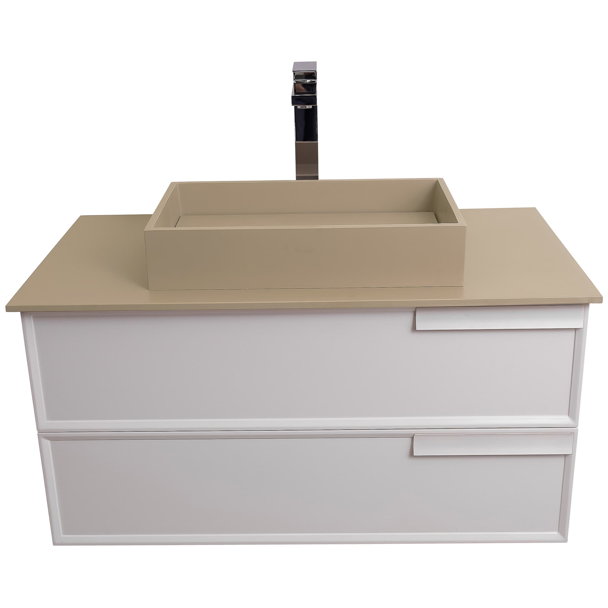 Garda 31.5 Matte White Cabinet, Solid Surface Flat Taupe Counter and Infinity Square Solid Surface Taupe Basin 1329, Wall Mounted Modern Vanity Set