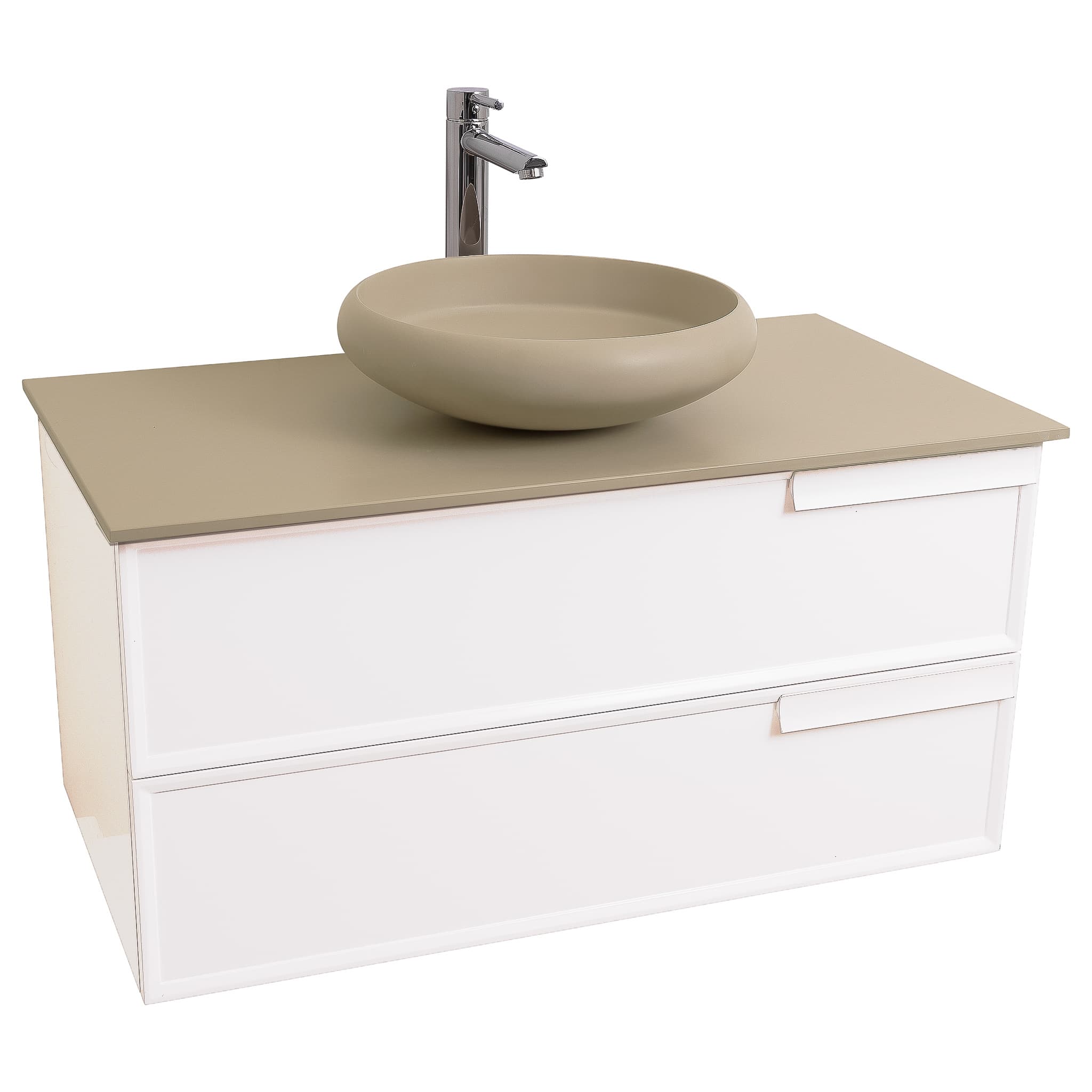 Garda 39.5 Matte White Cabinet, Solid Surface Flat Taupe Counter and Round Solid Surface Taupe Basin 1153, Wall Mounted Modern Vanity Set