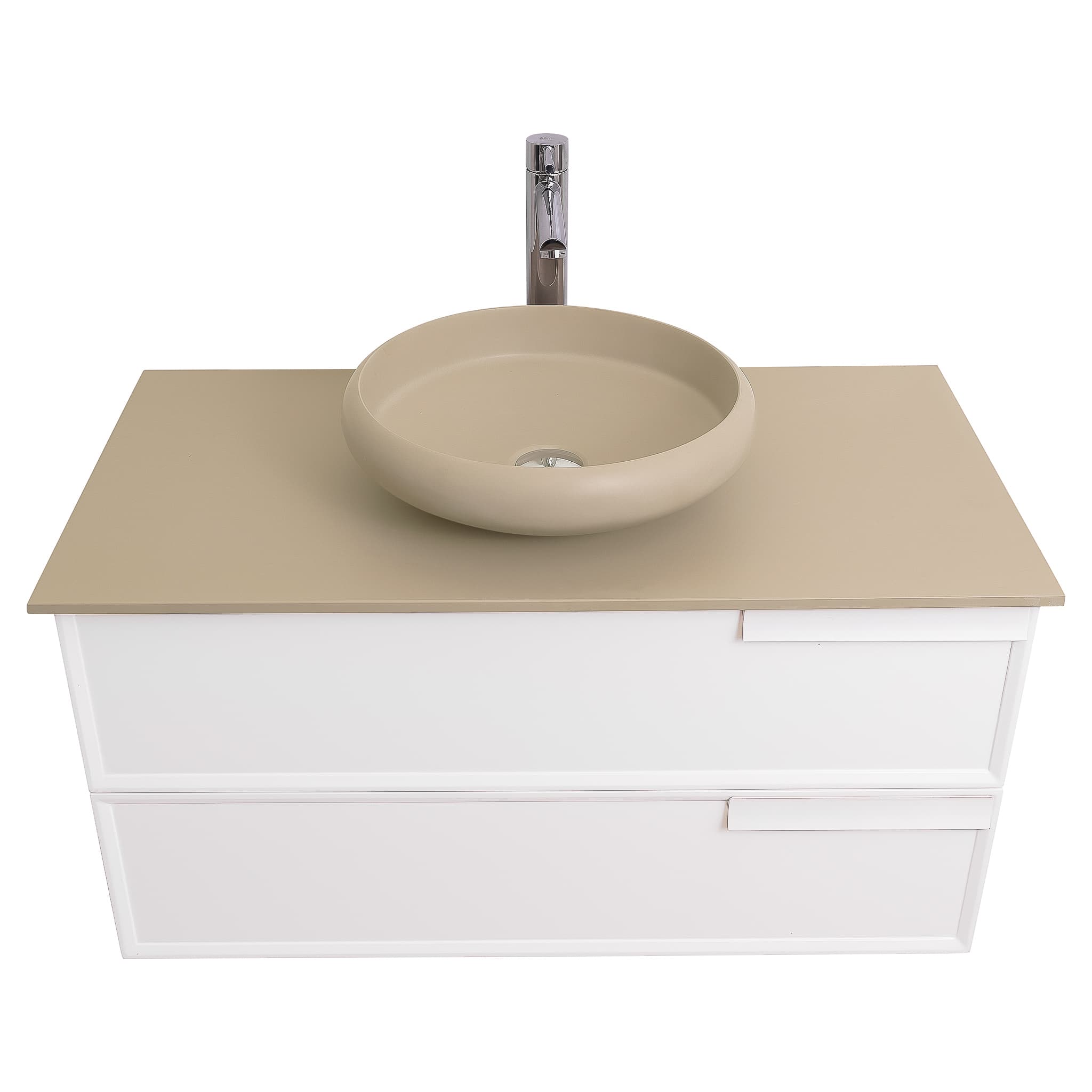Garda 39.5 Matte White Cabinet, Solid Surface Flat Taupe Counter and Round Solid Surface Taupe Basin 1153, Wall Mounted Modern Vanity Set