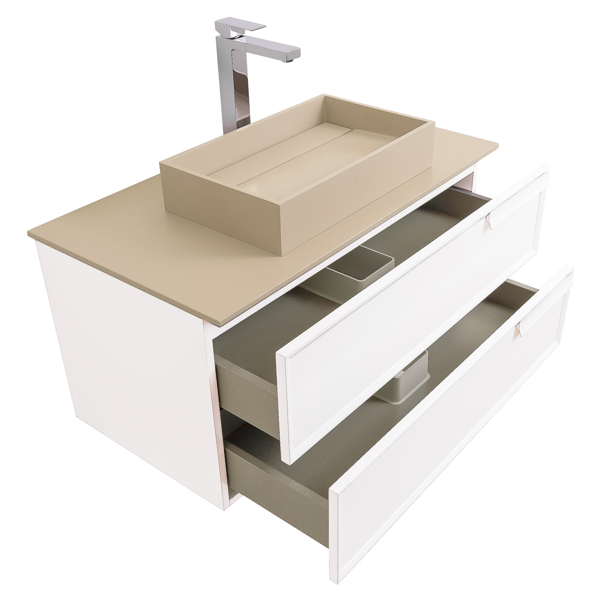 Garda 39.5 Matte White Cabinet, Solid Surface Flat Taupe Counter and Infinity Square Solid Surface Taupe Basin 1329, Wall Mounted Modern Vanity Set