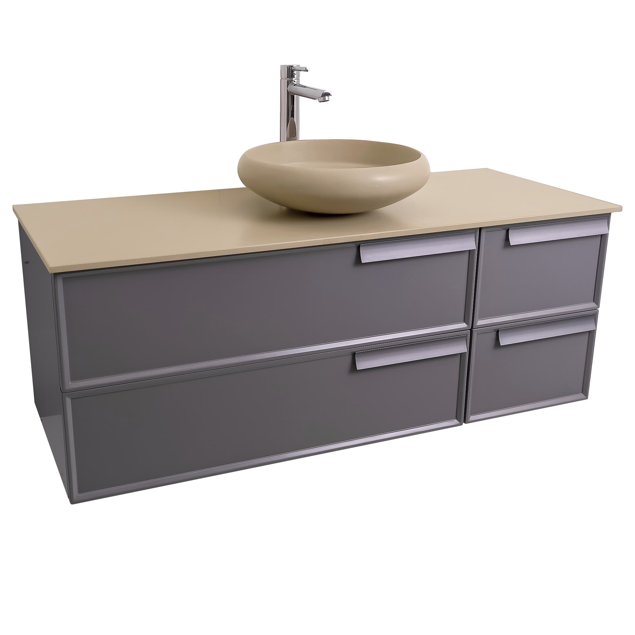 Garda 47.5 Matte Grey Cabinet, Solid Surface Flat Taupe Counter and Round Solid Surface Taupe Basin 1153, Wall Mounted Modern Vanity Set