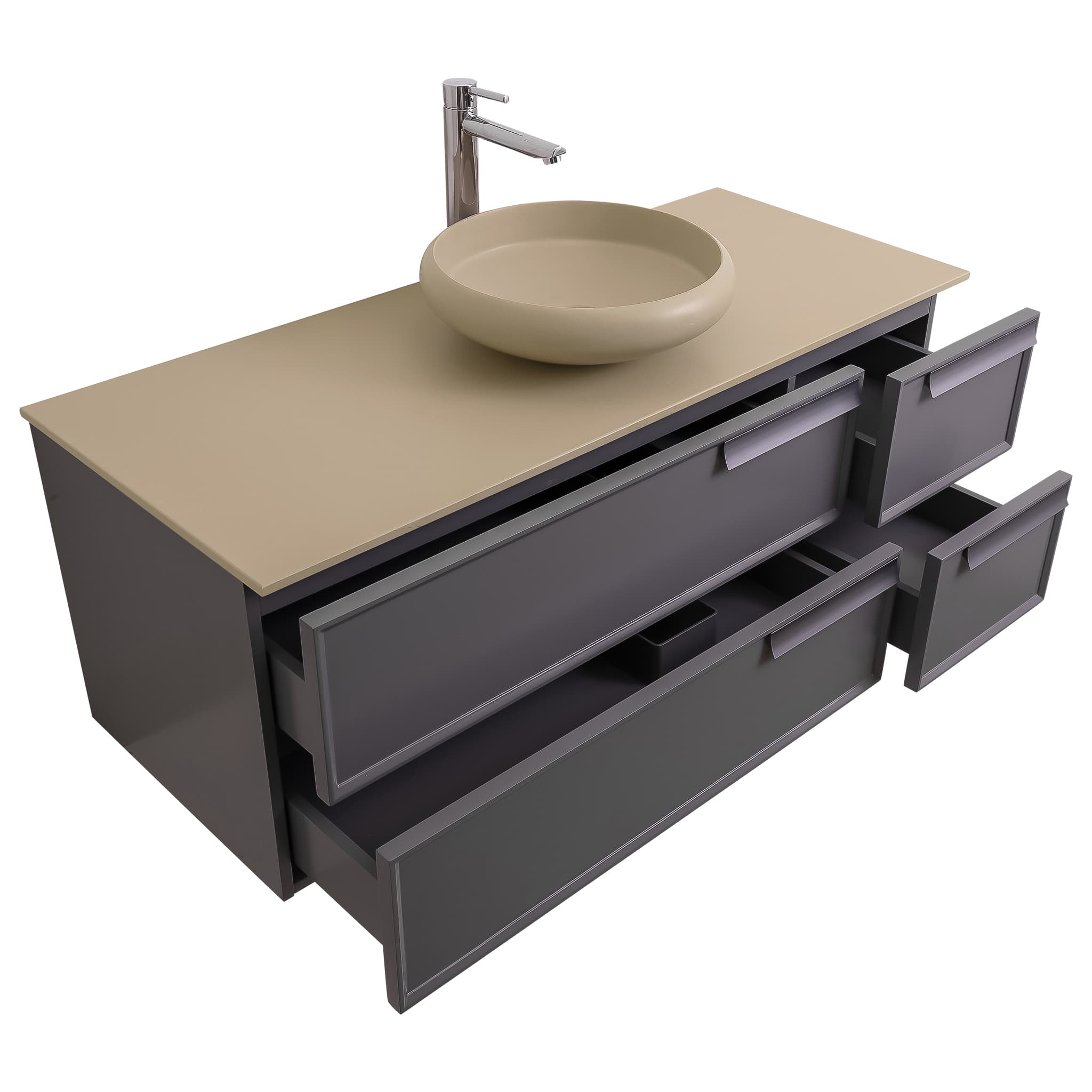 Garda 47.5 Matte Grey Cabinet, Solid Surface Flat Taupe Counter and Round Solid Surface Taupe Basin 1153, Wall Mounted Modern Vanity Set