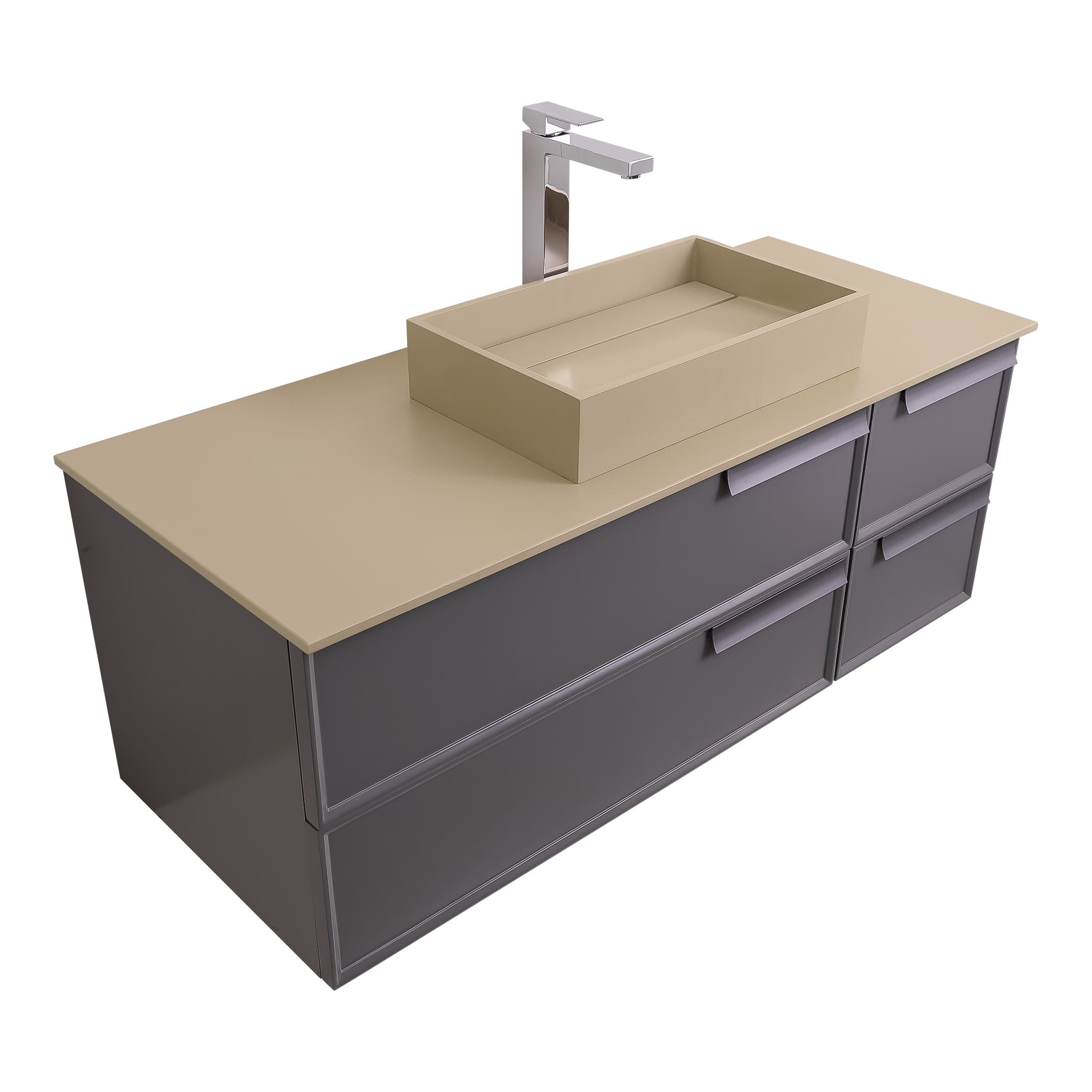 Garda 47.5 Matte Grey Cabinet, Solid Surface Flat Taupe Counter and Infinity Square Solid Surface Taupe Basin 1329, Wall Mounted Modern Vanity Set