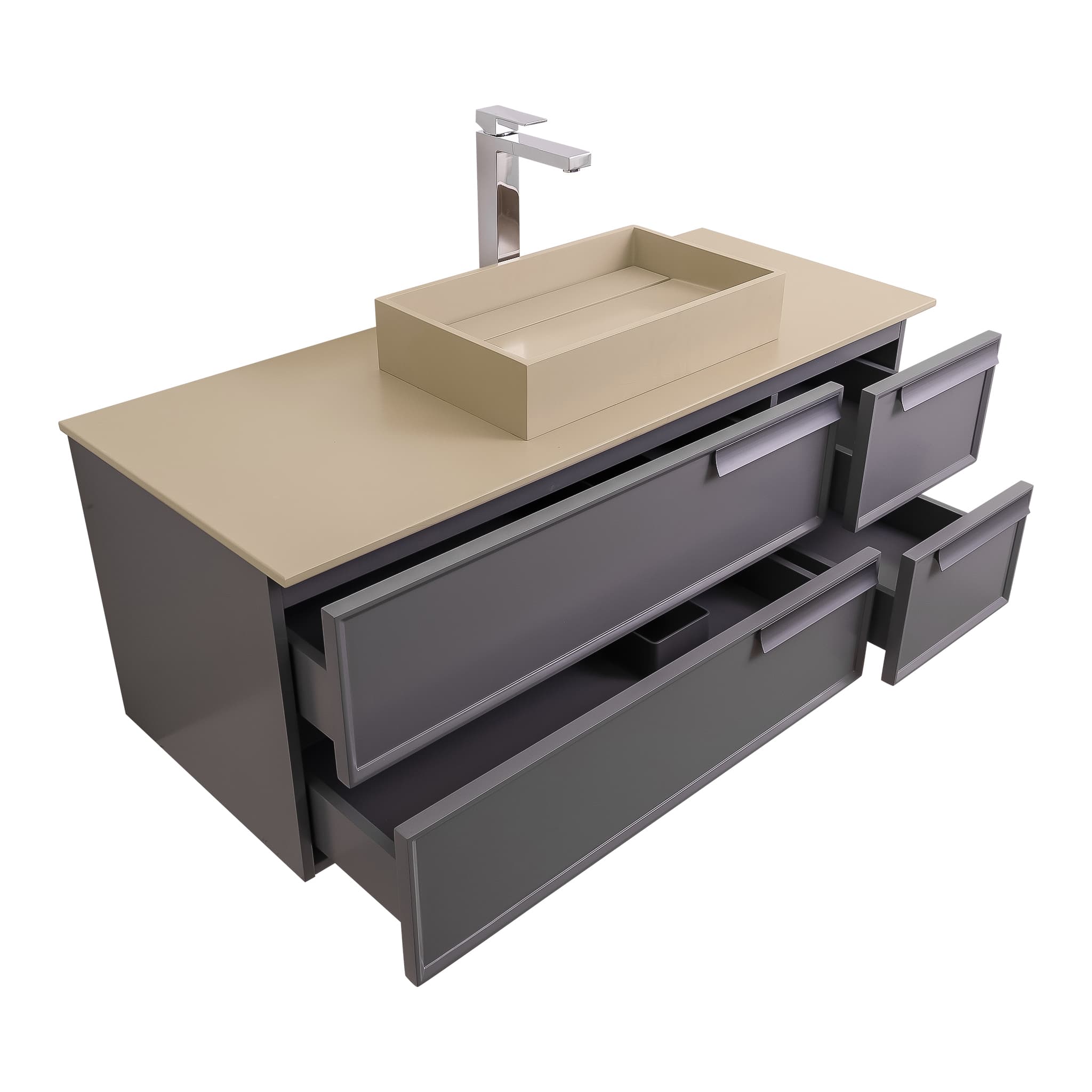 Garda 47.5 Matte Grey Cabinet, Solid Surface Flat Taupe Counter and Infinity Square Solid Surface Taupe Basin 1329, Wall Mounted Modern Vanity Set