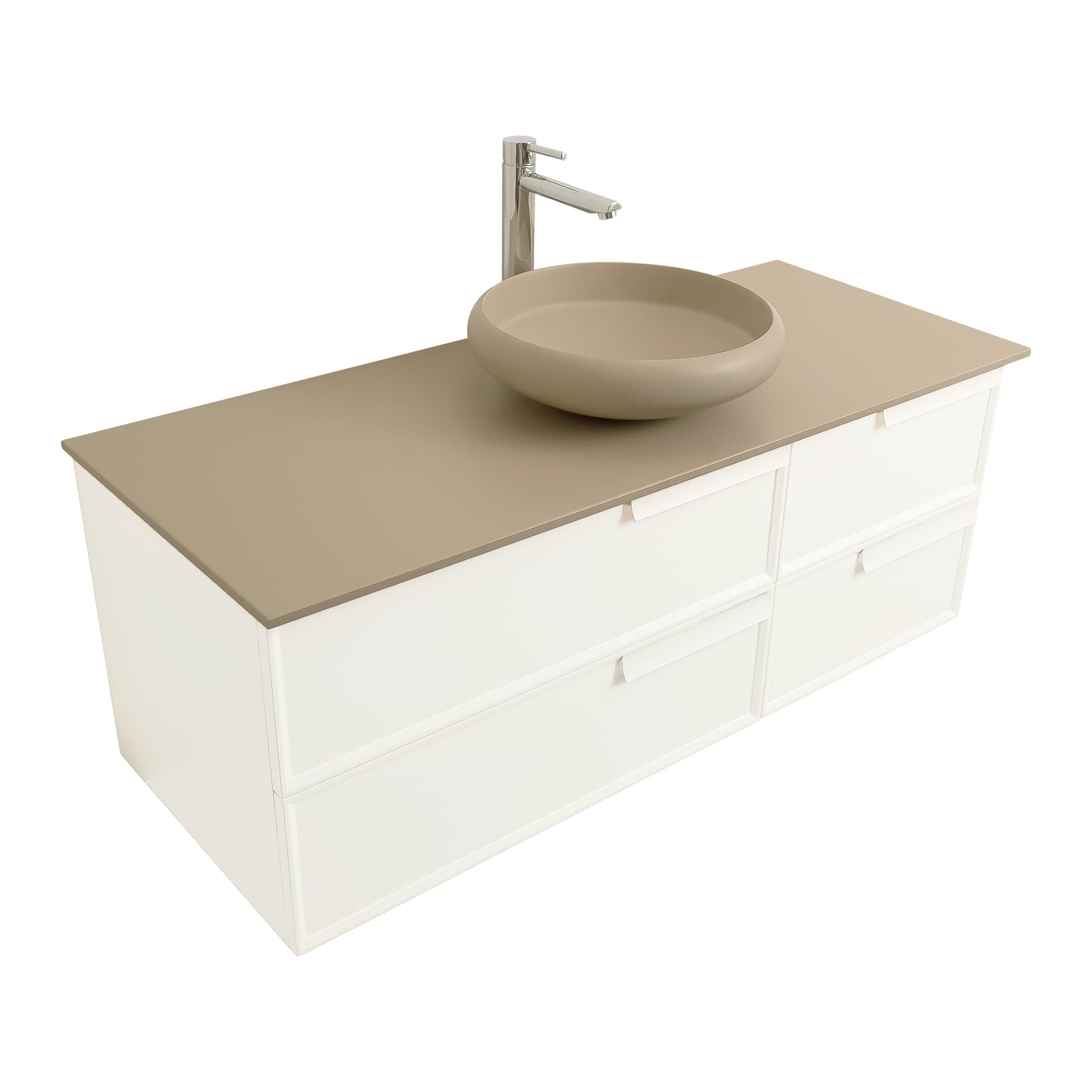 Garda 47.5 Matte White Cabinet, Solid Surface Flat Taupe Counter and Round Solid Surface Taupe Basin 1153, Wall Mounted Modern Vanity Set