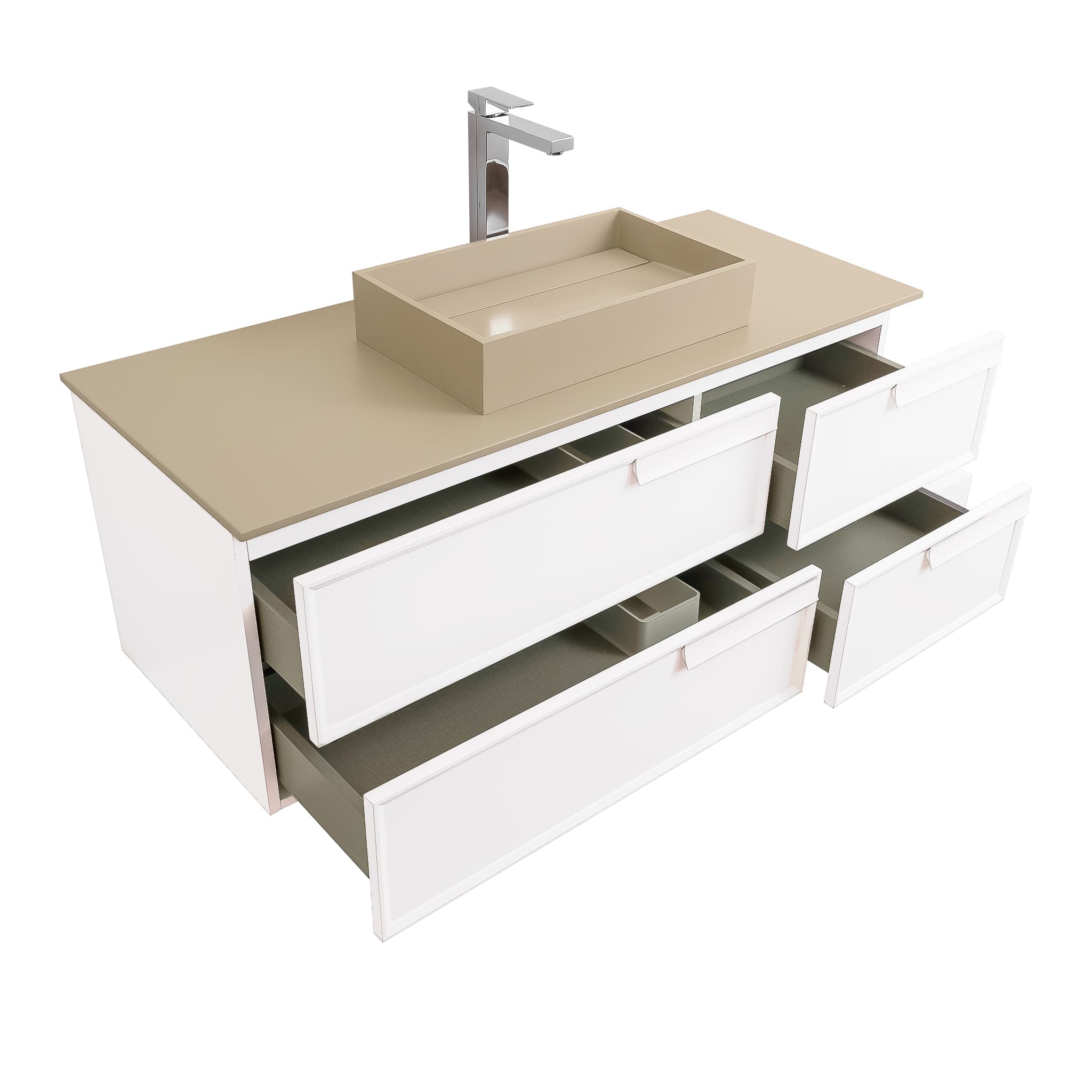 Garda 47.5 Matte White Cabinet, Solid Surface Flat Taupe Counter and Infinity Square Solid Surface Taupe Basin 1329, Wall Mounted Modern Vanity Set