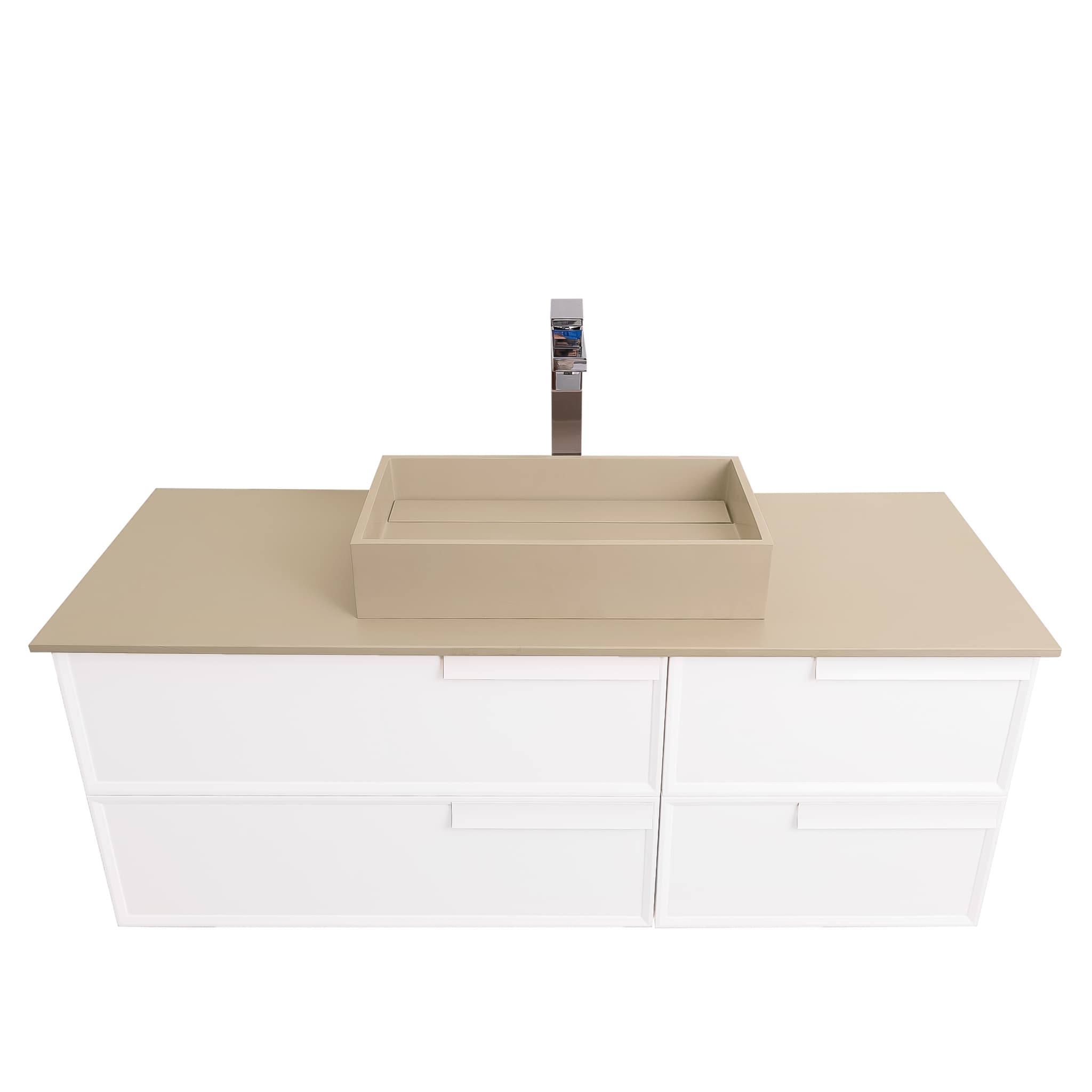 Garda 47.5 Matte White Cabinet, Solid Surface Flat Taupe Counter and Infinity Square Solid Surface Taupe Basin 1329, Wall Mounted Modern Vanity Set