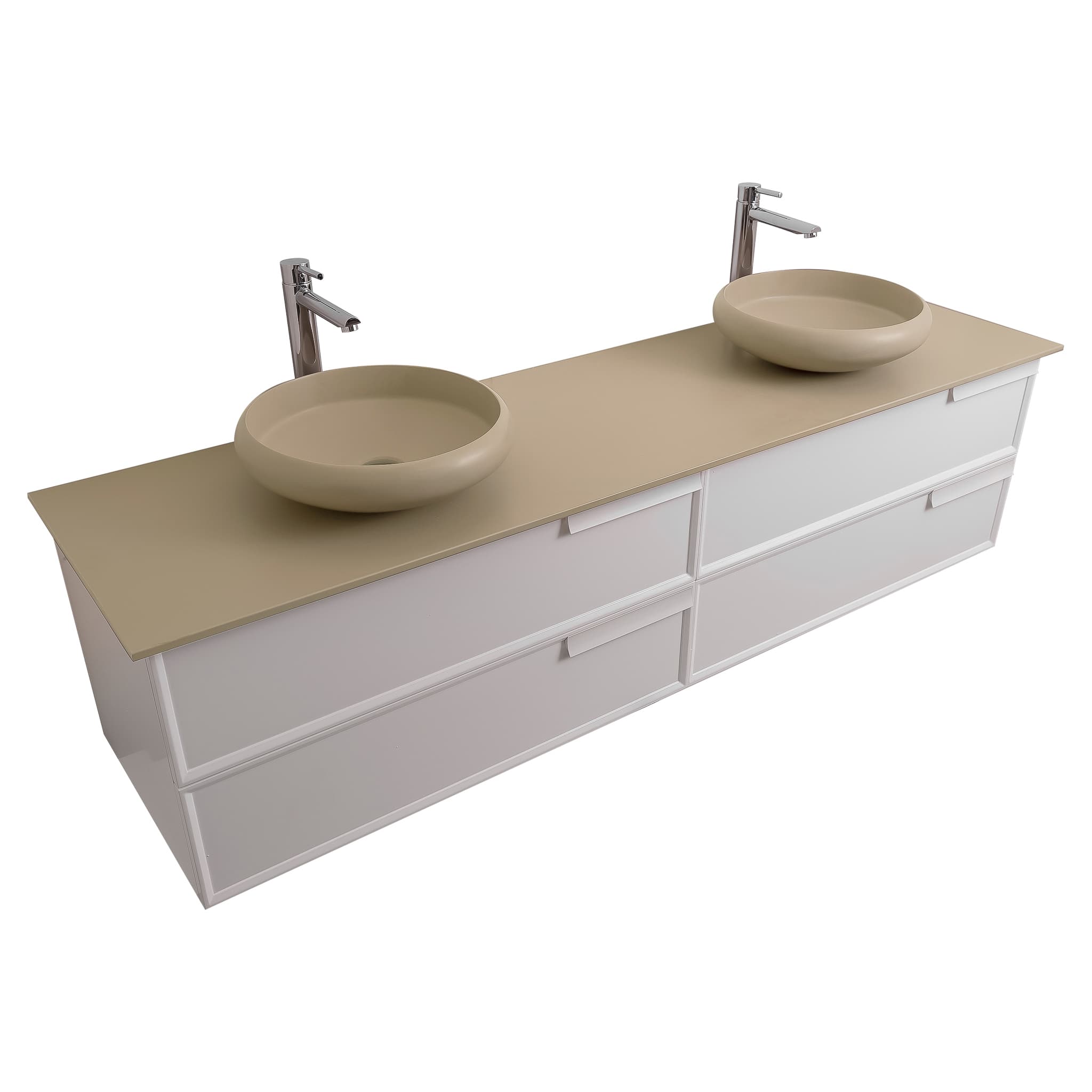 Garda 63 Matte White Cabinet, Solid Surface Flat Taupe Counter and Two Round Solid Surface Taupe Basin 1153, Wall Mounted Modern Vanity Set