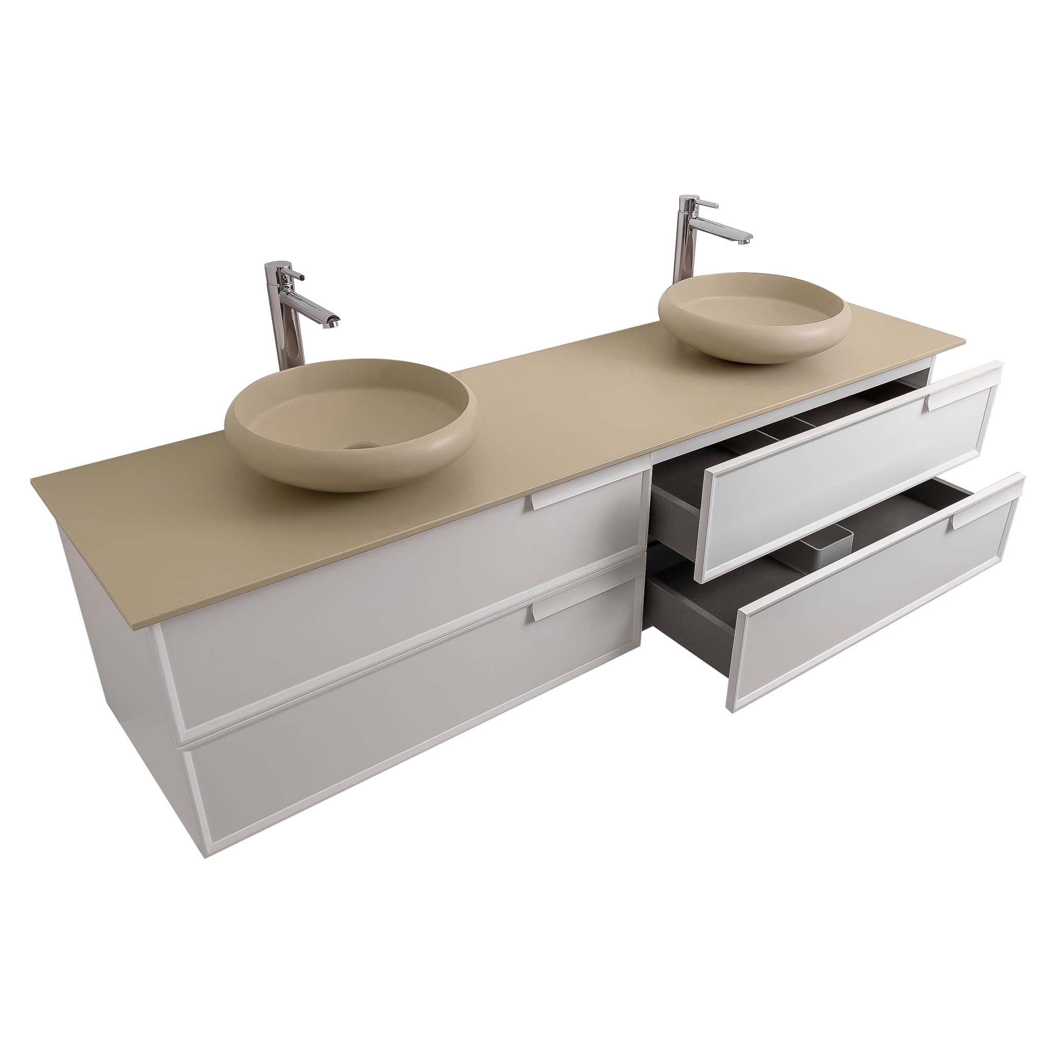 Garda 63 Matte White Cabinet, Solid Surface Flat Taupe Counter and Two Round Solid Surface Taupe Basin 1153, Wall Mounted Modern Vanity Set