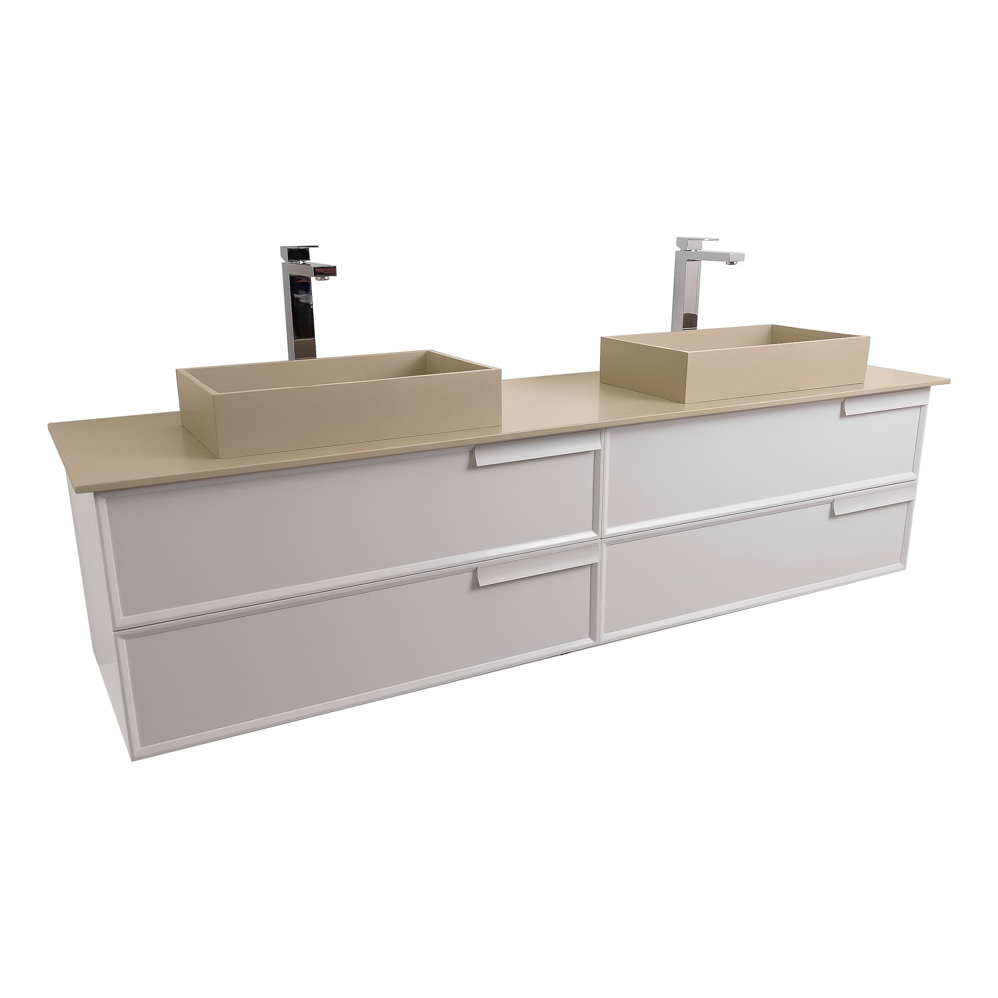 Garda 63 Matte White Cabinet, Solid Surface Flat Taupe Counter and Two Infinity Square Solid Surface Taupe Basin 1329, Wall Mounted Modern Vanity Set