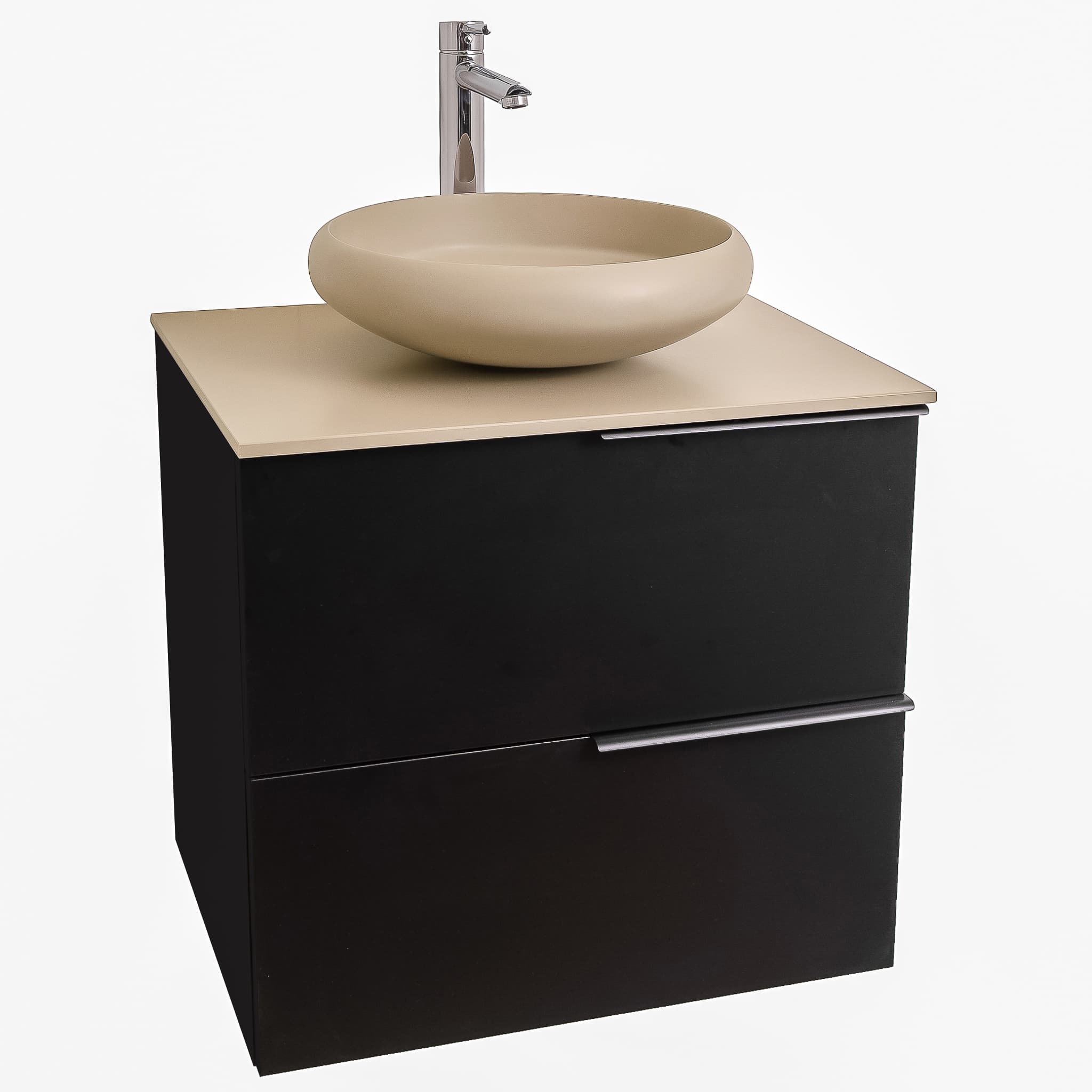 Mallorca 23.5 Matte Black Cabinet, Solid Surface Flat Taupe Counter And Round Solid Surface Taupe Basin 1153, Wall Mounted Modern Vanity Set