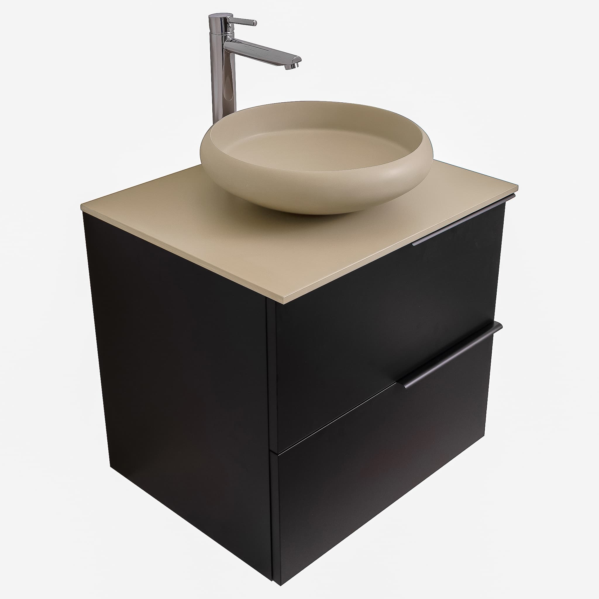 Mallorca 23.5 Matte Black Cabinet, Solid Surface Flat Taupe Counter And Round Solid Surface Taupe Basin 1153, Wall Mounted Modern Vanity Set