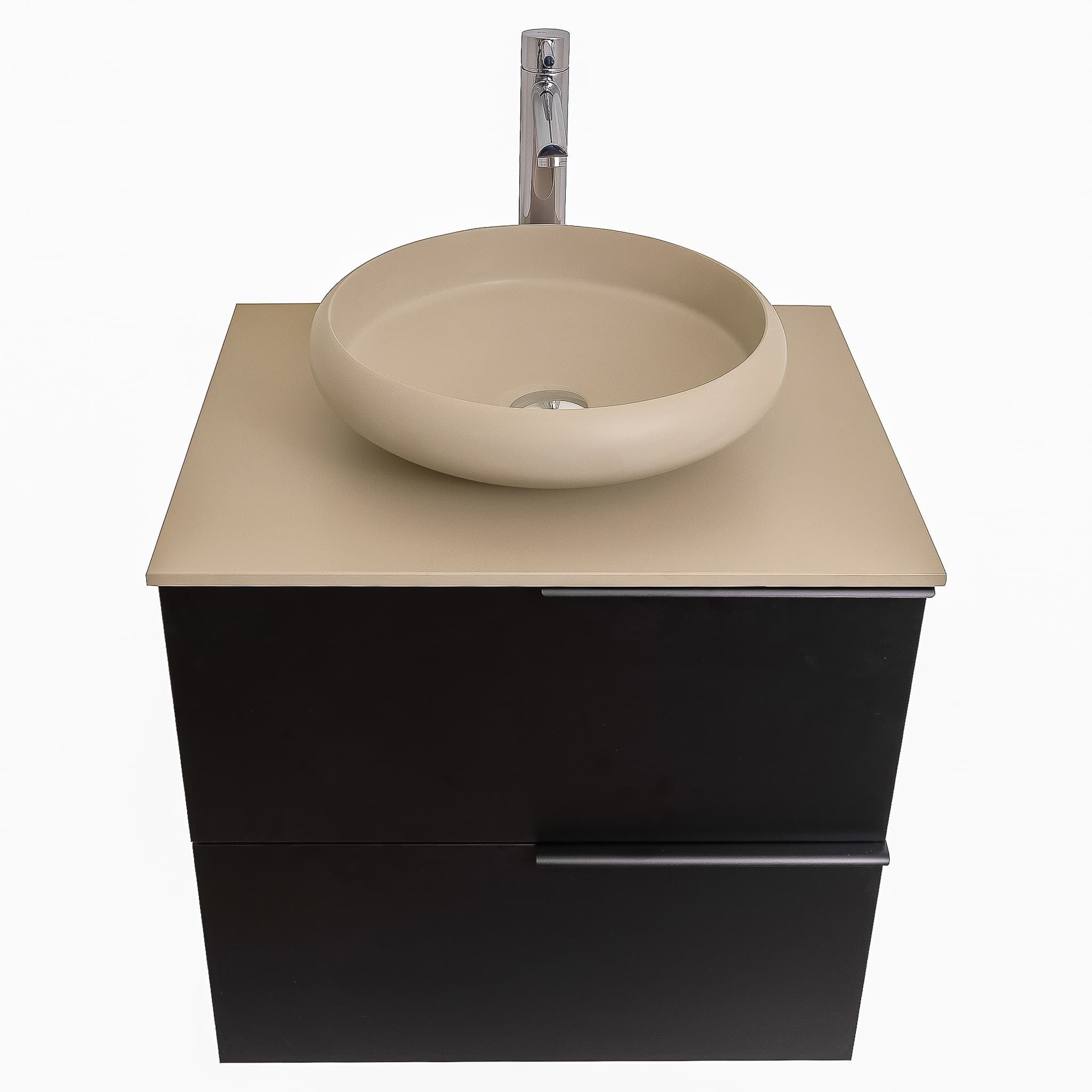 Mallorca 23.5 Matte Black Cabinet, Solid Surface Flat Taupe Counter And Round Solid Surface Taupe Basin 1153, Wall Mounted Modern Vanity Set