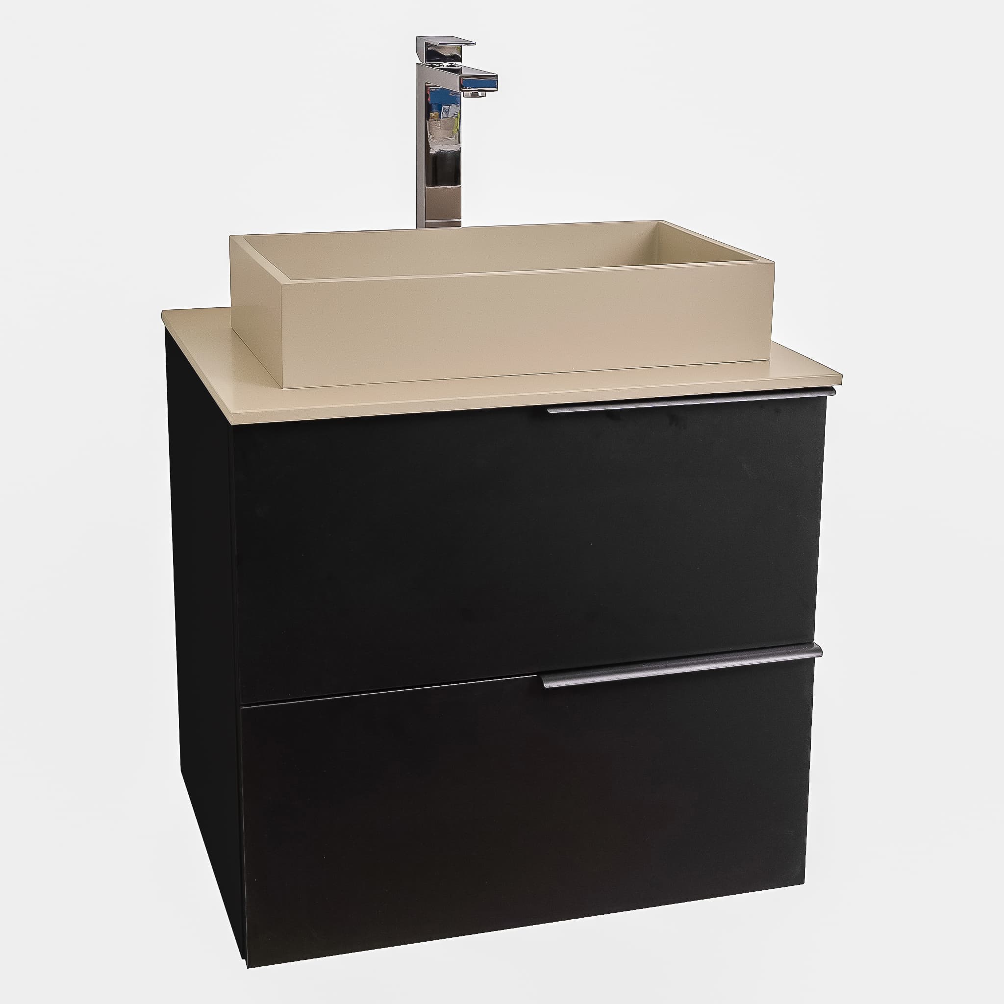Mallorca 23.5 Matte Black Cabinet, Solid Surface Flat Taupe Counter And Infinity Square Solid Surface Taupe Basin 1329, Wall Mounted Modern Vanity Set