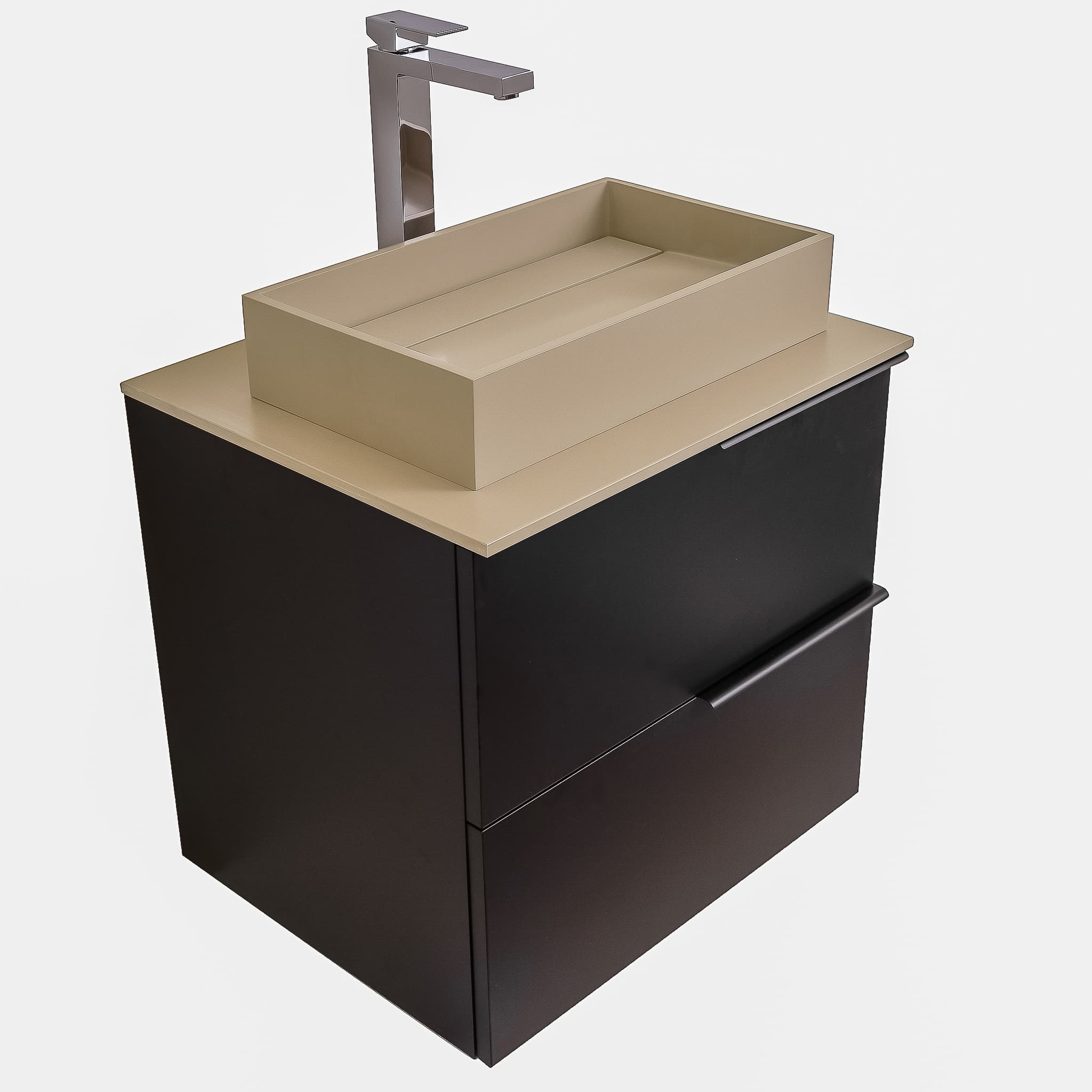 Mallorca 23.5 Matte Black Cabinet, Solid Surface Flat Taupe Counter And Infinity Square Solid Surface Taupe Basin 1329, Wall Mounted Modern Vanity Set