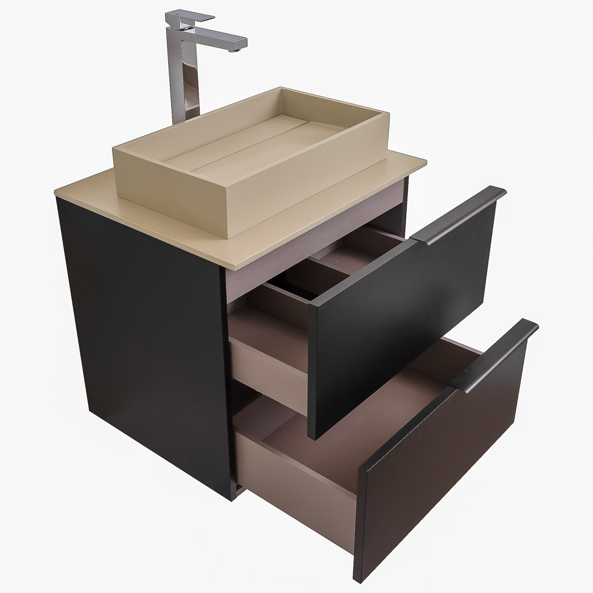 Mallorca 23.5 Matte Black Cabinet, Solid Surface Flat Taupe Counter And Infinity Square Solid Surface Taupe Basin 1329, Wall Mounted Modern Vanity Set