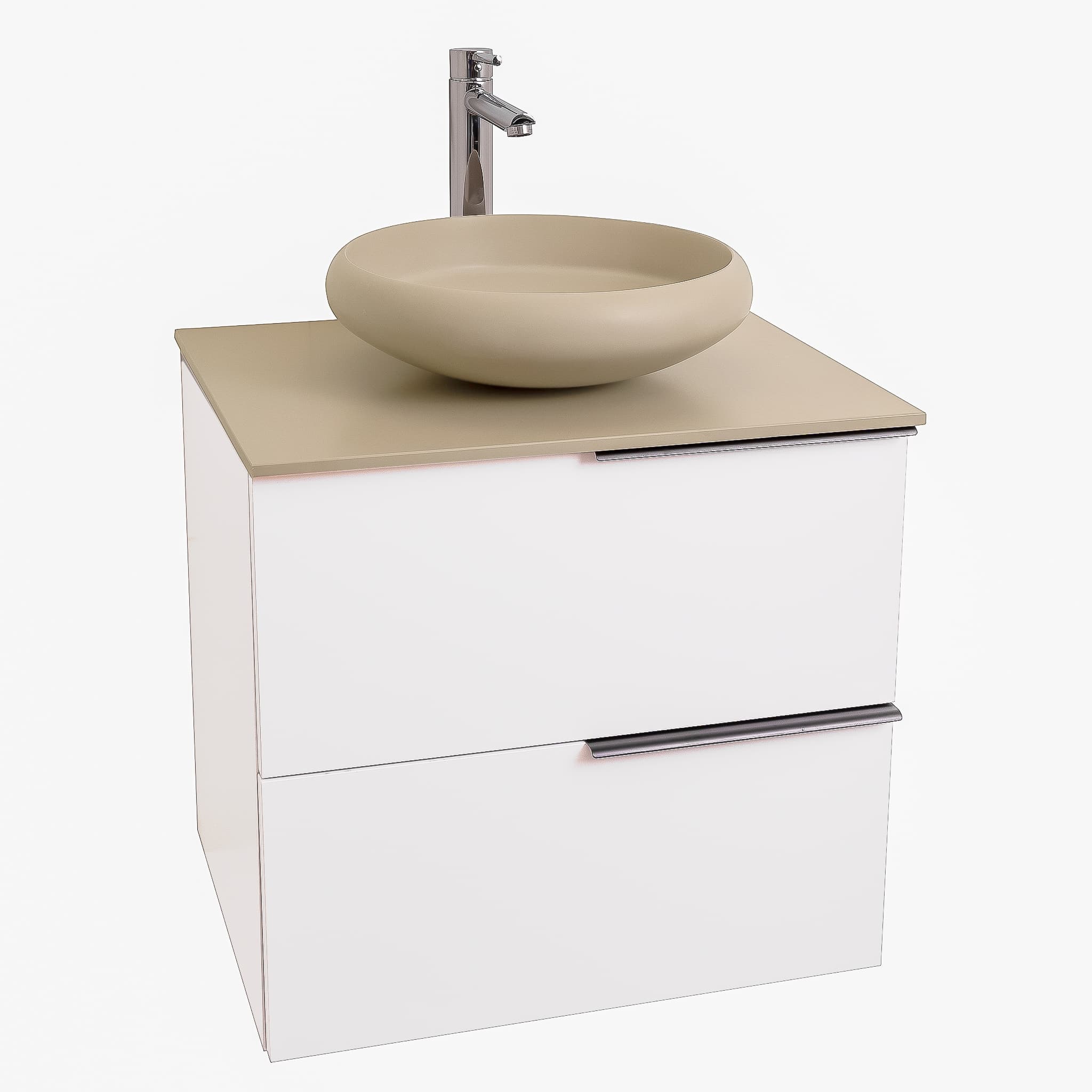 Mallorca 23.5 Matte White Cabinet, Solid Surface Flat Taupe Counter And Round Solid Surface Taupe Basin 1153, Wall Mounted Modern Vanity Set