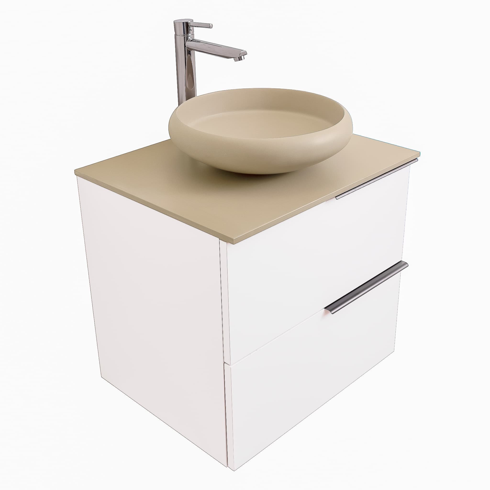 Mallorca 23.5 Matte White Cabinet, Solid Surface Flat Taupe Counter And Round Solid Surface Taupe Basin 1153, Wall Mounted Modern Vanity Set