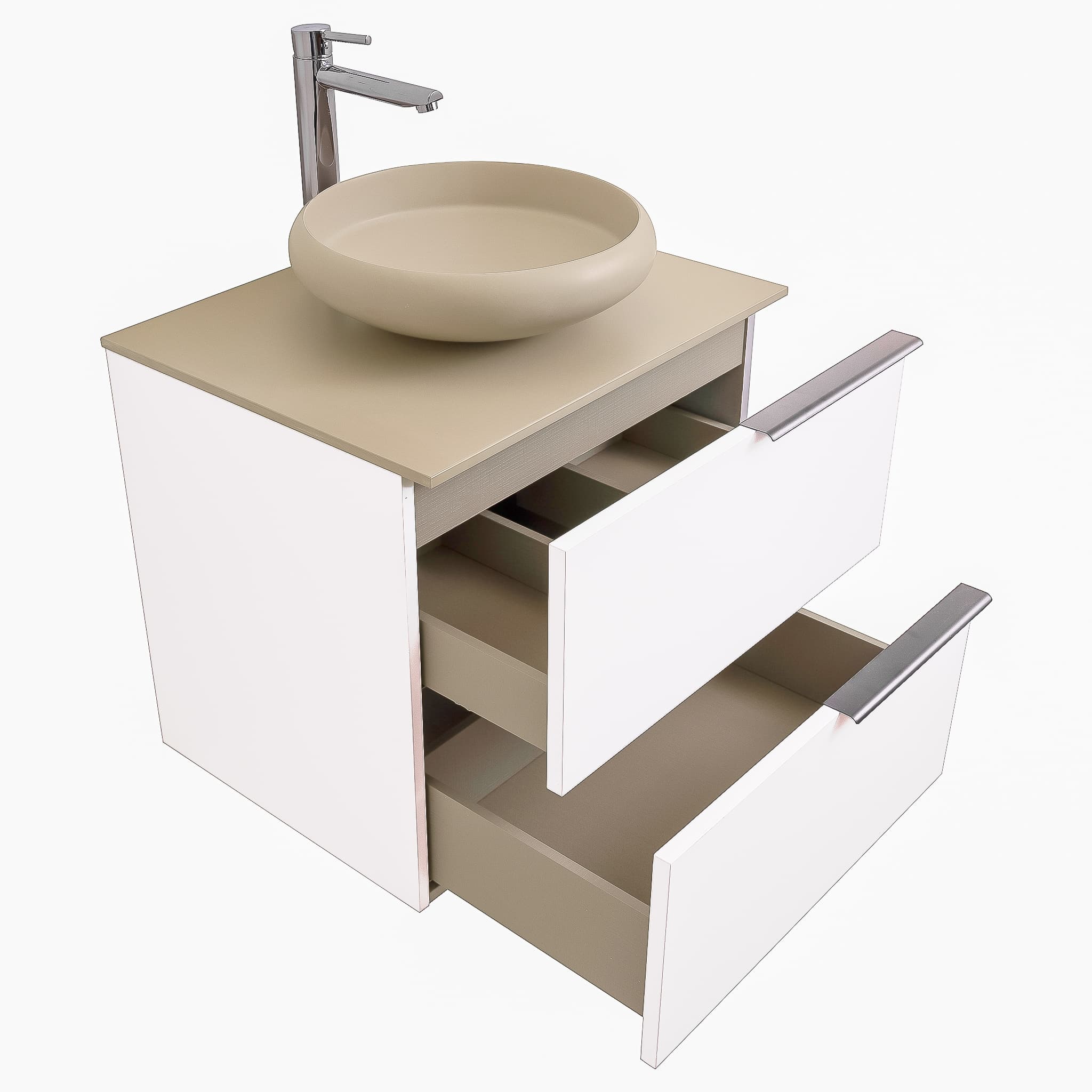 Mallorca 23.5 Matte White Cabinet, Solid Surface Flat Taupe Counter And Round Solid Surface Taupe Basin 1153, Wall Mounted Modern Vanity Set