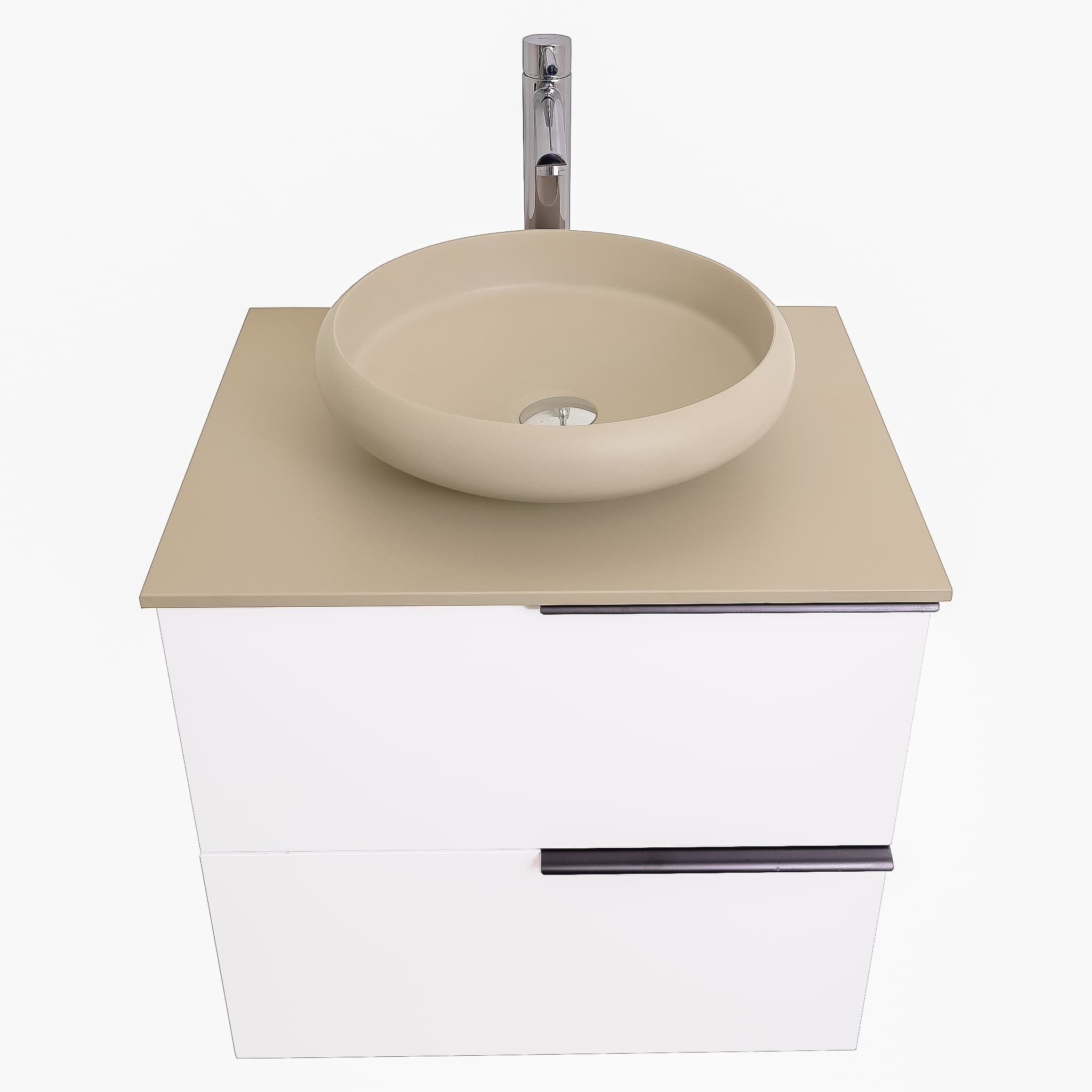 Mallorca 23.5 Matte White Cabinet, Solid Surface Flat Taupe Counter And Round Solid Surface Taupe Basin 1153, Wall Mounted Modern Vanity Set