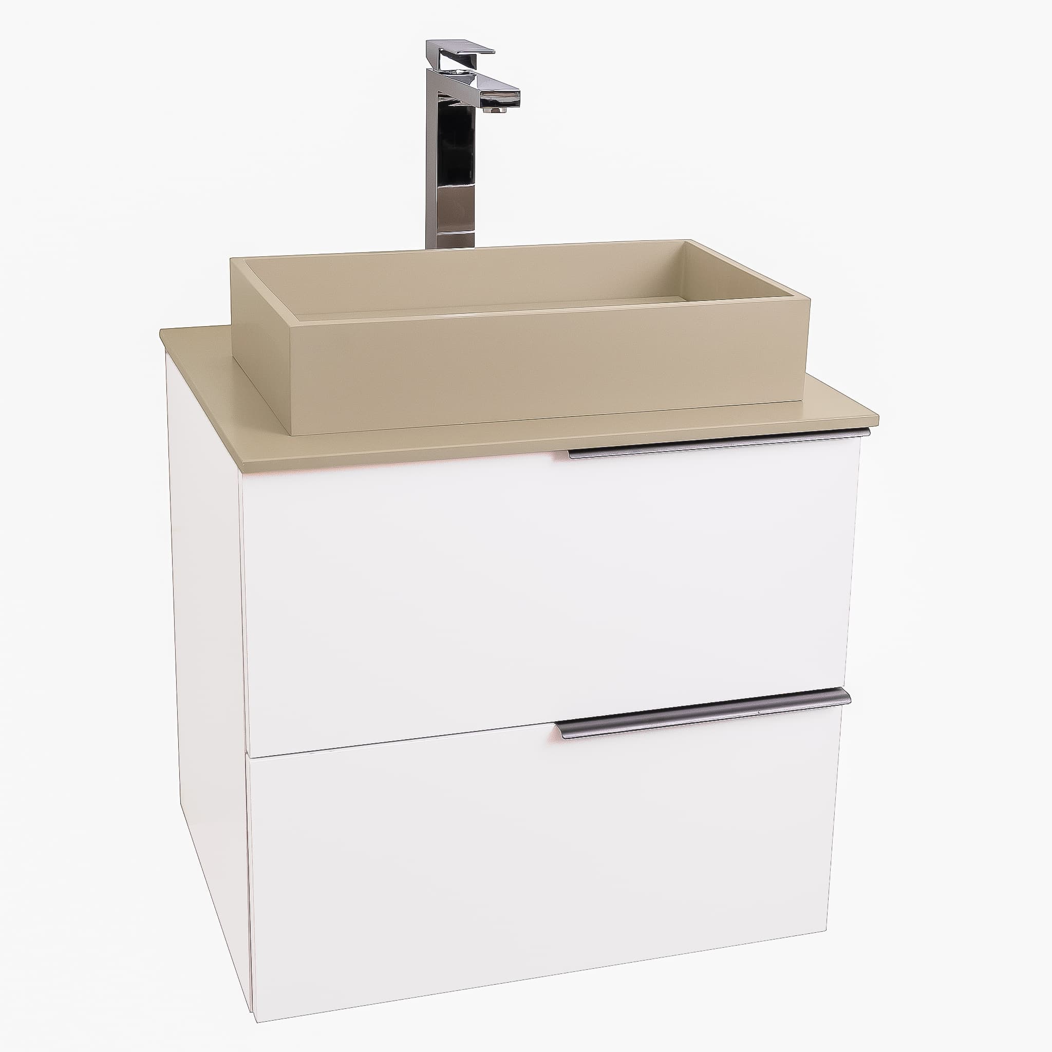 Mallorca 23.5 Matte White Cabinet, Solid Surface Flat Taupe Counter And Infinity Square Solid Surface Taupe Basin 1329, Wall Mounted Modern Vanity Set