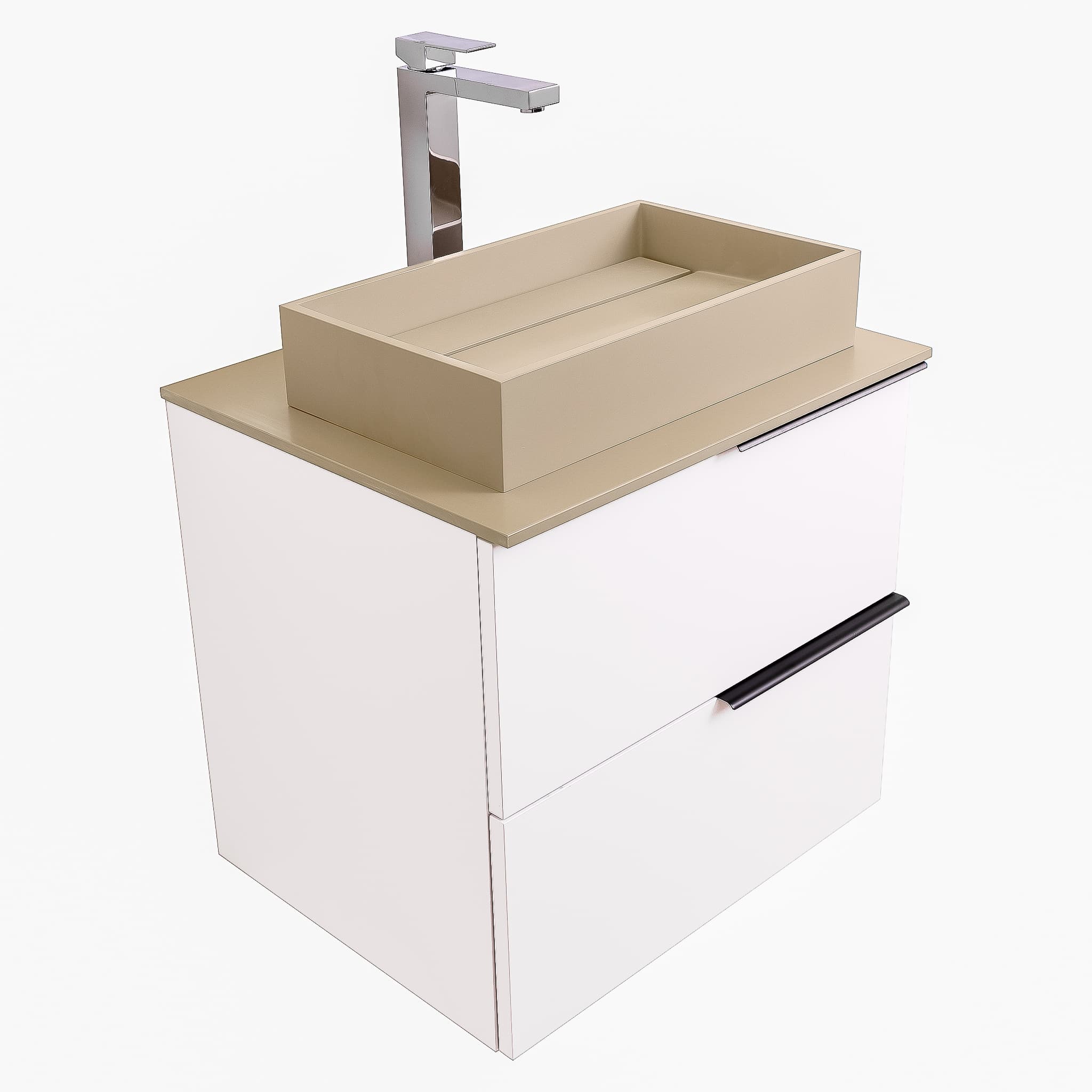 Mallorca 23.5 Matte White Cabinet, Solid Surface Flat Taupe Counter And Infinity Square Solid Surface Taupe Basin 1329, Wall Mounted Modern Vanity Set