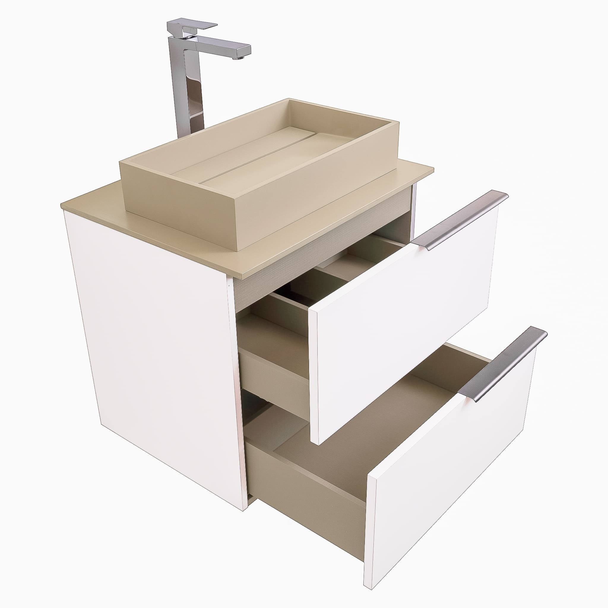 Mallorca 23.5 Matte White Cabinet, Solid Surface Flat Taupe Counter And Infinity Square Solid Surface Taupe Basin 1329, Wall Mounted Modern Vanity Set