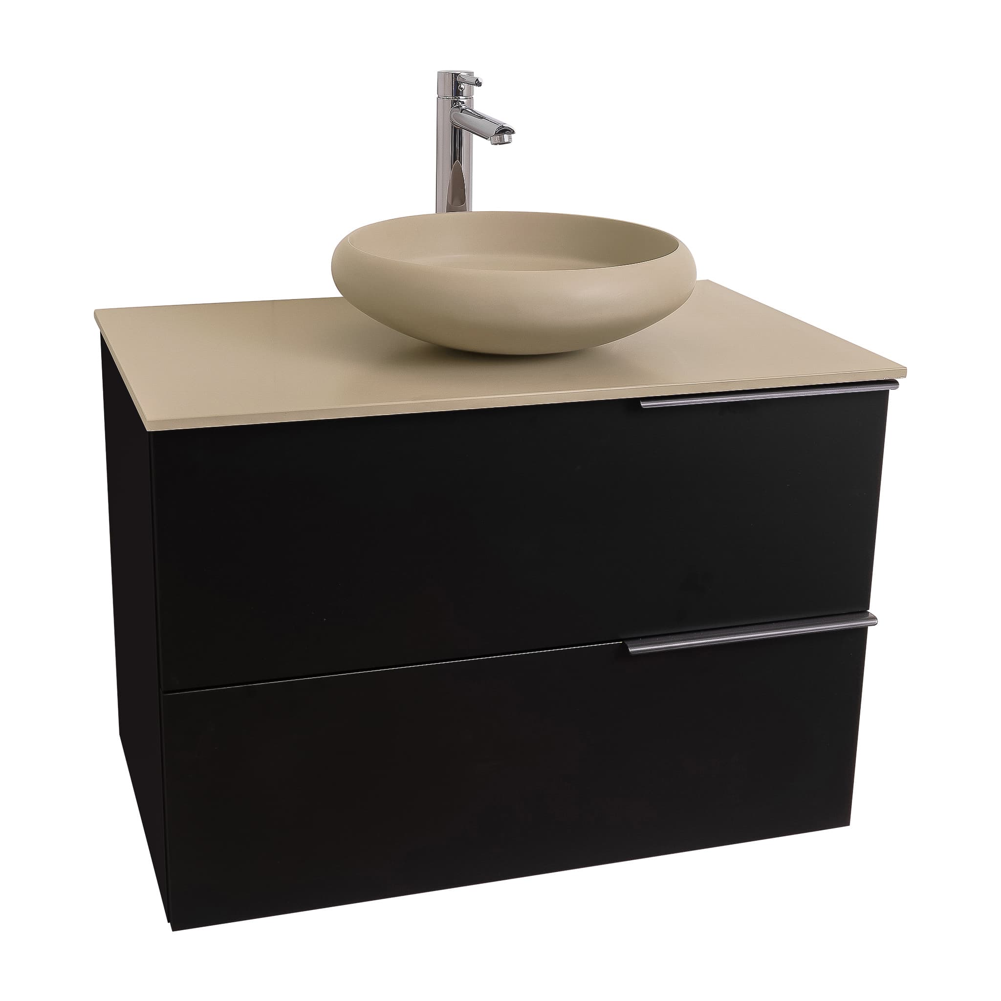 Mallorca 31.5 Matte Black Cabinet, Solid Surface Flat Taupe Counter And Round Solid Surface Taupe Basin 1153, Wall Mounted Modern Vanity Set